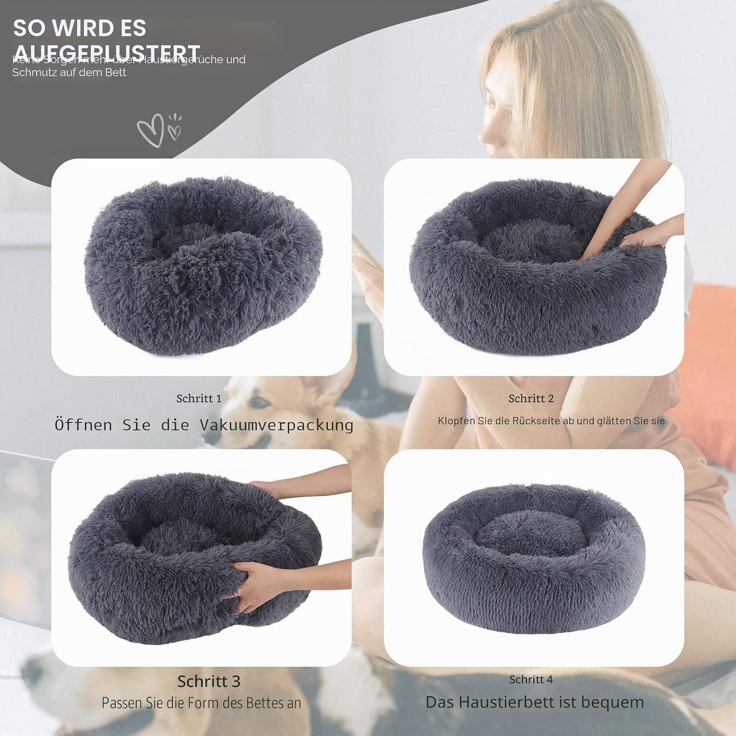 Detalle de BVAGSS Rundes Hundebett Donut Kuscheliges Haustierbett 60 cm – Flauschig Plüsch, wasserdichte Unterseite, dunkelgrau