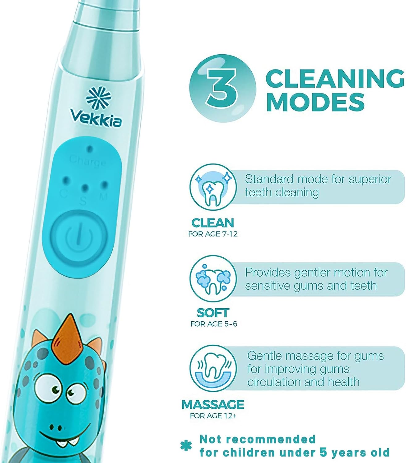 Thumbnail 4 de Vekkia Sonic Rechargeable Kids Electric Toothbrush (IPX7, 3 Modes, 2-Min Timer, 24000 Strokes) — Blue