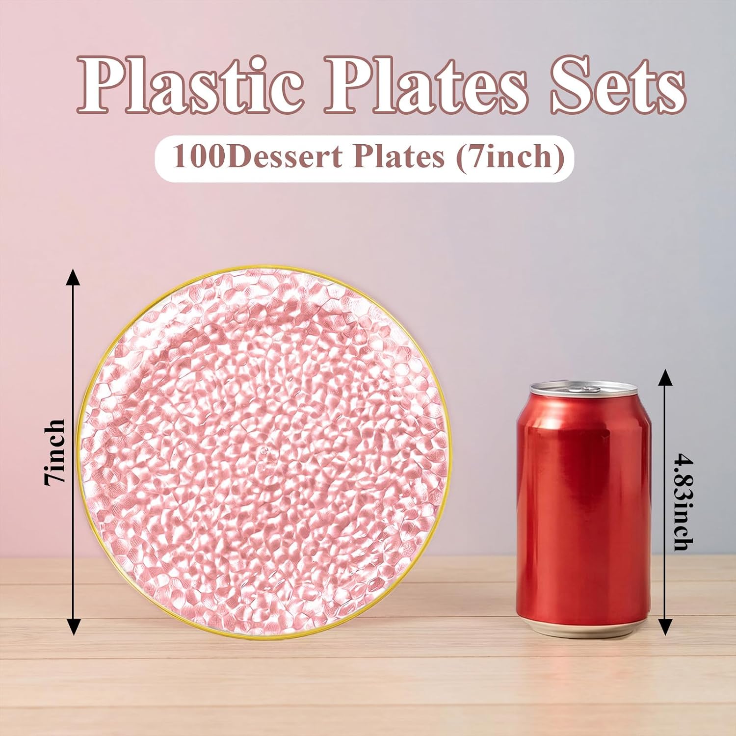 Detalle de Rubtlamp 100 Pcs Pink Gold 7 Inch Dessert Plates – Hammered Plastic Disposable with Gold Rim