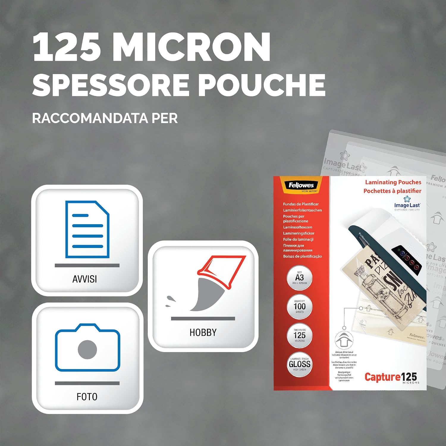 Detalle de Fellowes Pouches A3 250 µm con ImageLast – confezione da 100 pezzi, finitura lucida