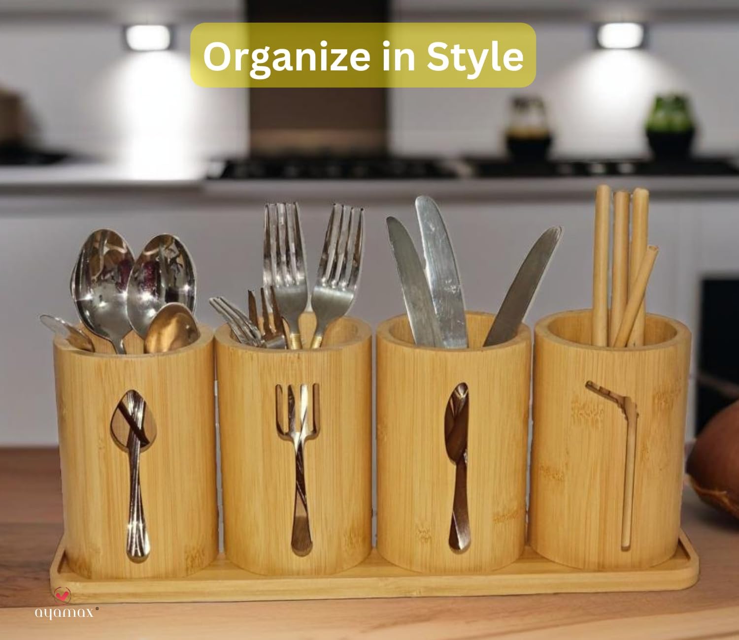 Detalle de AYAMAX AYA201 Bamboo Cutlery Holder with 4 Pots and Tray