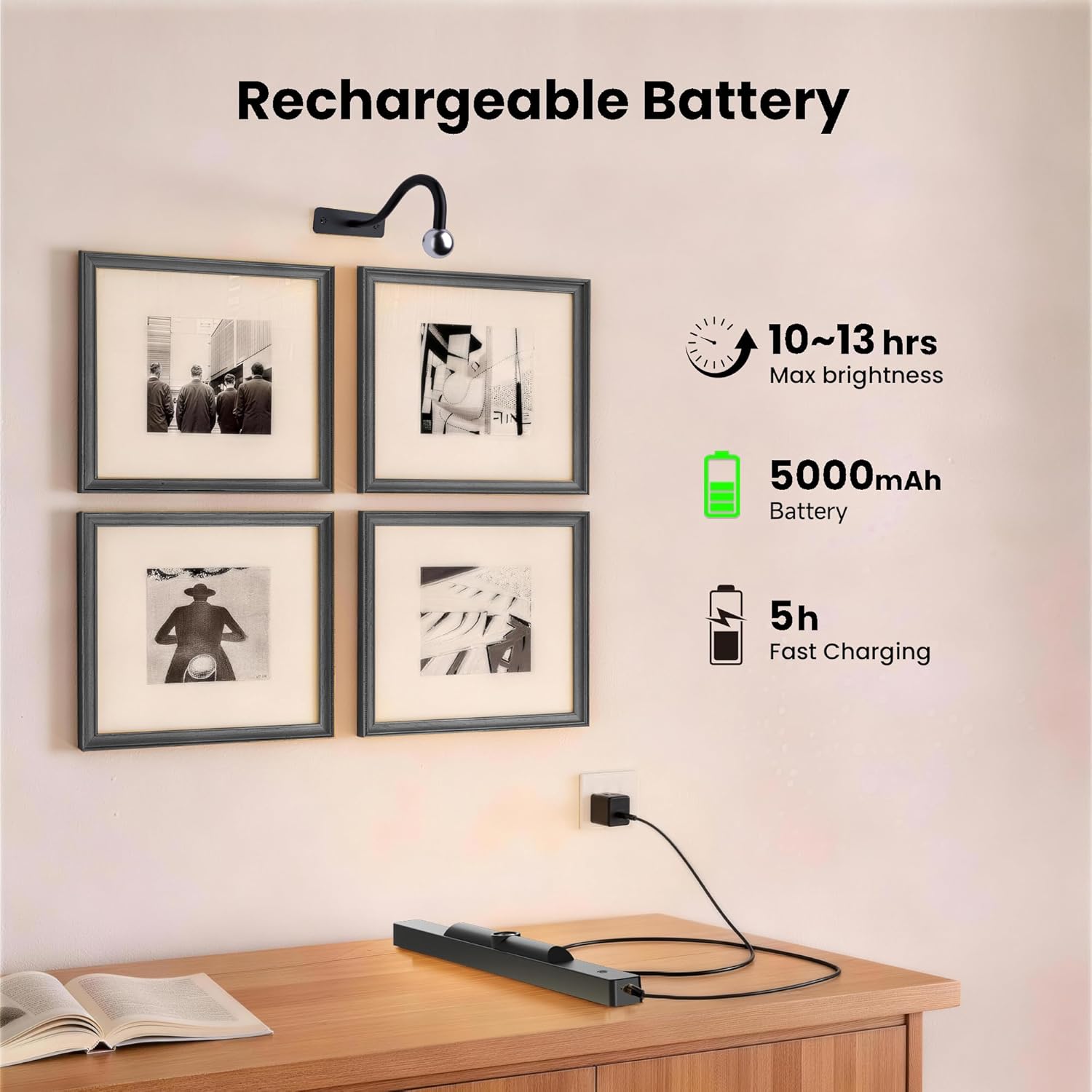 Thumbnail 4 de 3Pack Picture Light Battery Operated (16in) with Remote, Dimmable Cordless Wall Lights for Art, Photo Frames, Dartboard (Black) — 5000mAh