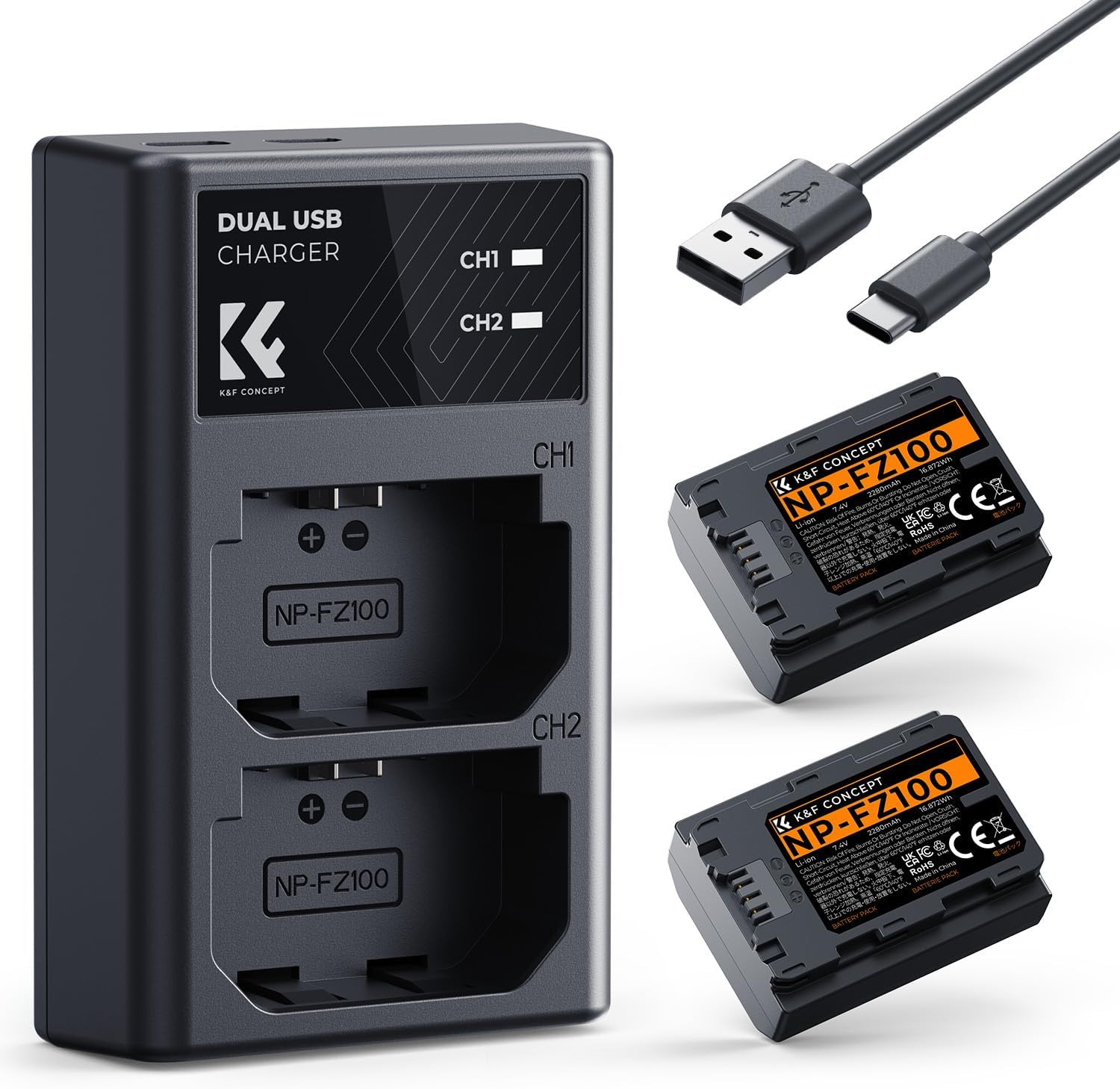 K&F CONCEPT NP-FZ100 Kamera-Akku 2er Pack (2280 mAh) mit USB-Dual-Ladegerät für Sony Alpha