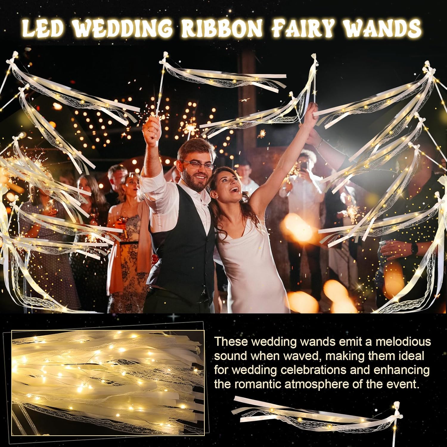 Detalle de 50 Pcs LED Wedding Wands with 3 Flash Modes — Warm White Glow, Ribbons, Bells