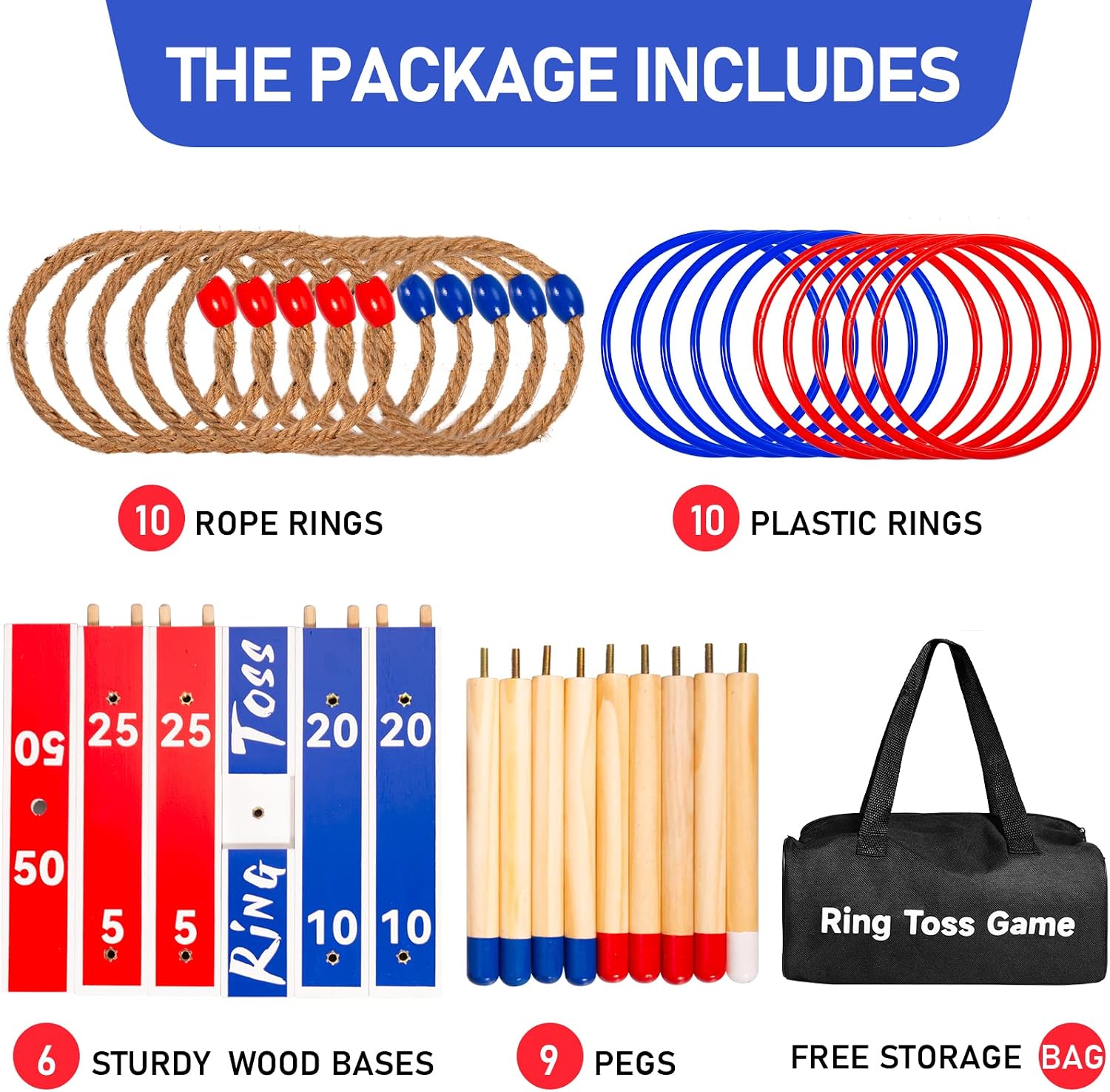 Detalle de U&C Planet Large Quoits – 10 Rope Rings, 10 Plastic Rings & Carry Bag