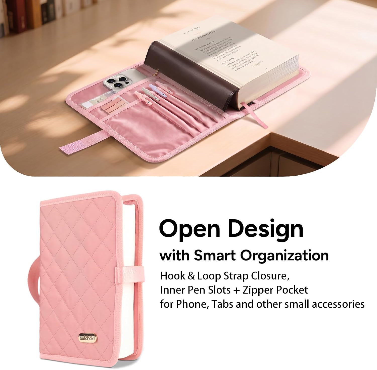 Detalle de BellaHold Adjustable Bible Cover, Size L, Pink Quilted Case with 75 Tabs