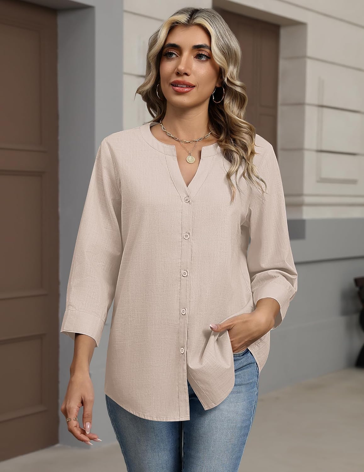 Detalle de Zeagoo Button Down Shirt Dressy Casual Linen-Cotton Blouse for Women, 3/4 Sleeves