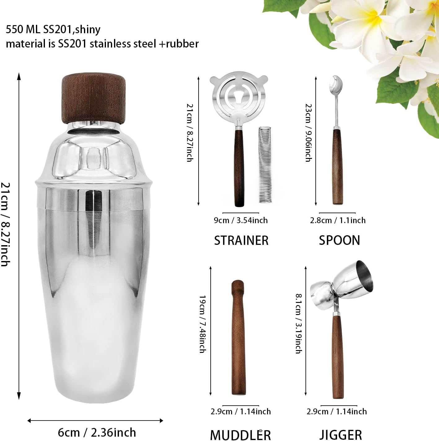 Detalle de WELESHEI 6-teiliges Barwerkzeug-Set aus Edelstahl – Shaker, Stößel, Löffel, Jigger, Sieb und Ständer