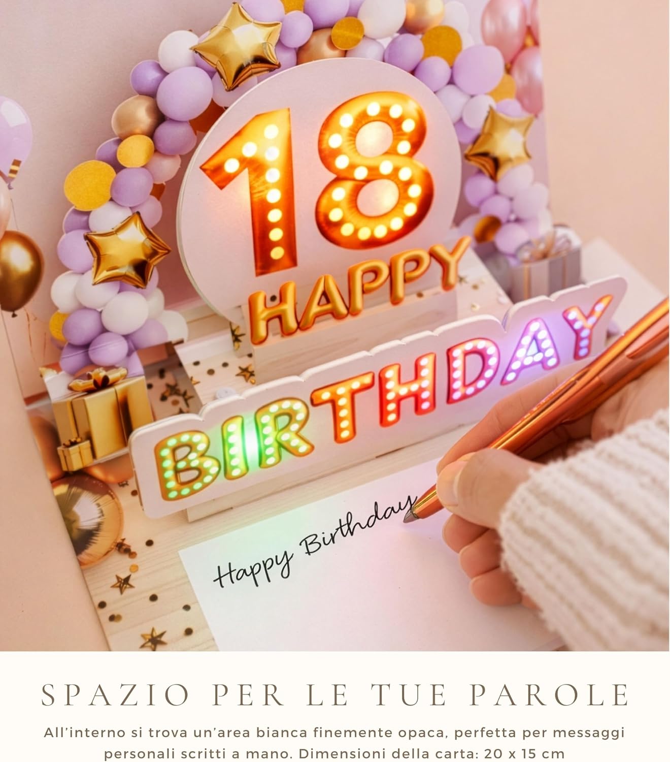 Detalle de Joli Coon Biglietto auguri 18 anni ragazza – biglietto pop-up 3D con musica e luce, busta e sigillo
