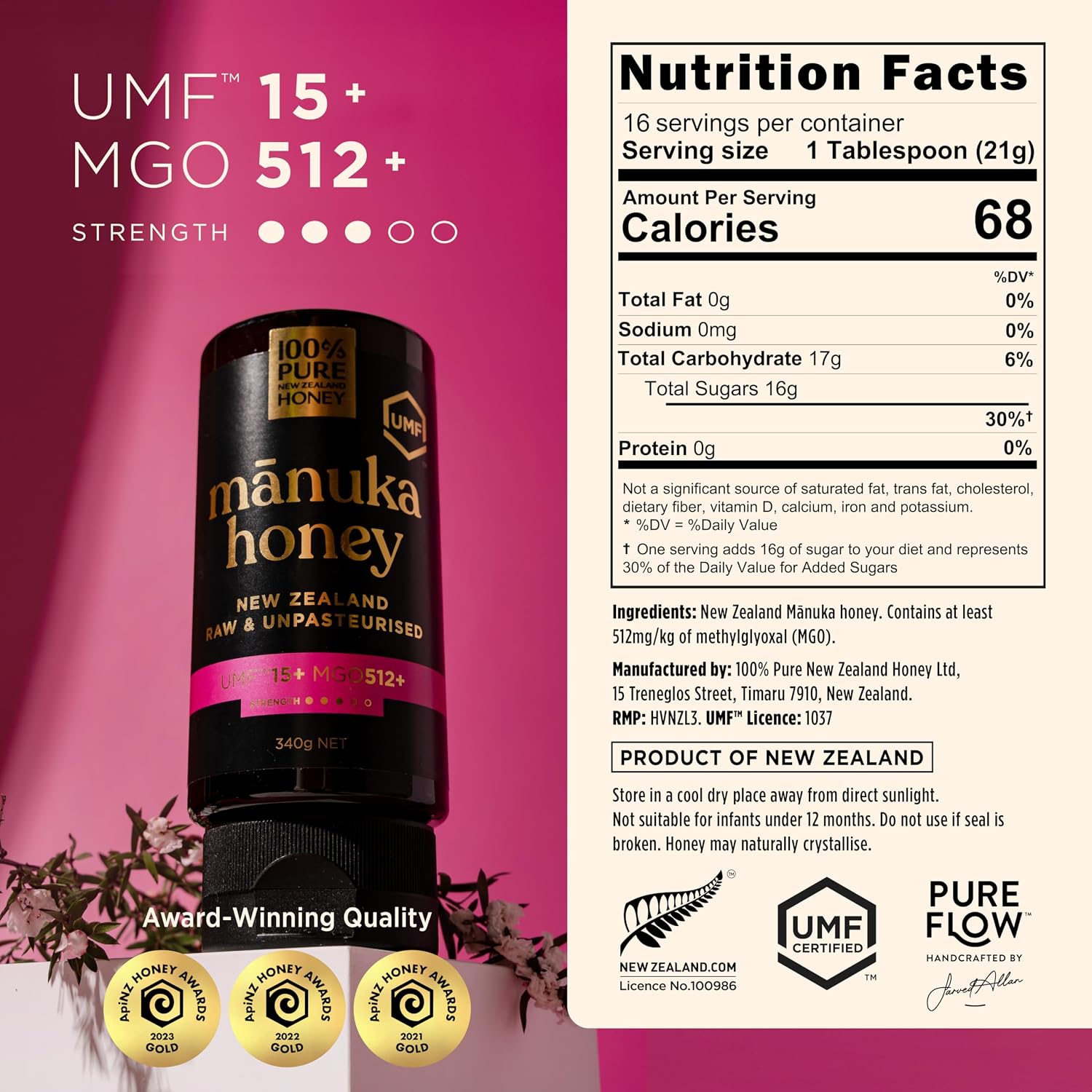 Thumbnail 1 de 100% Pure New Zealand Honey Manuka Honey, UMF 15+, MGO 512+, 12 oz Squeeze Bottle