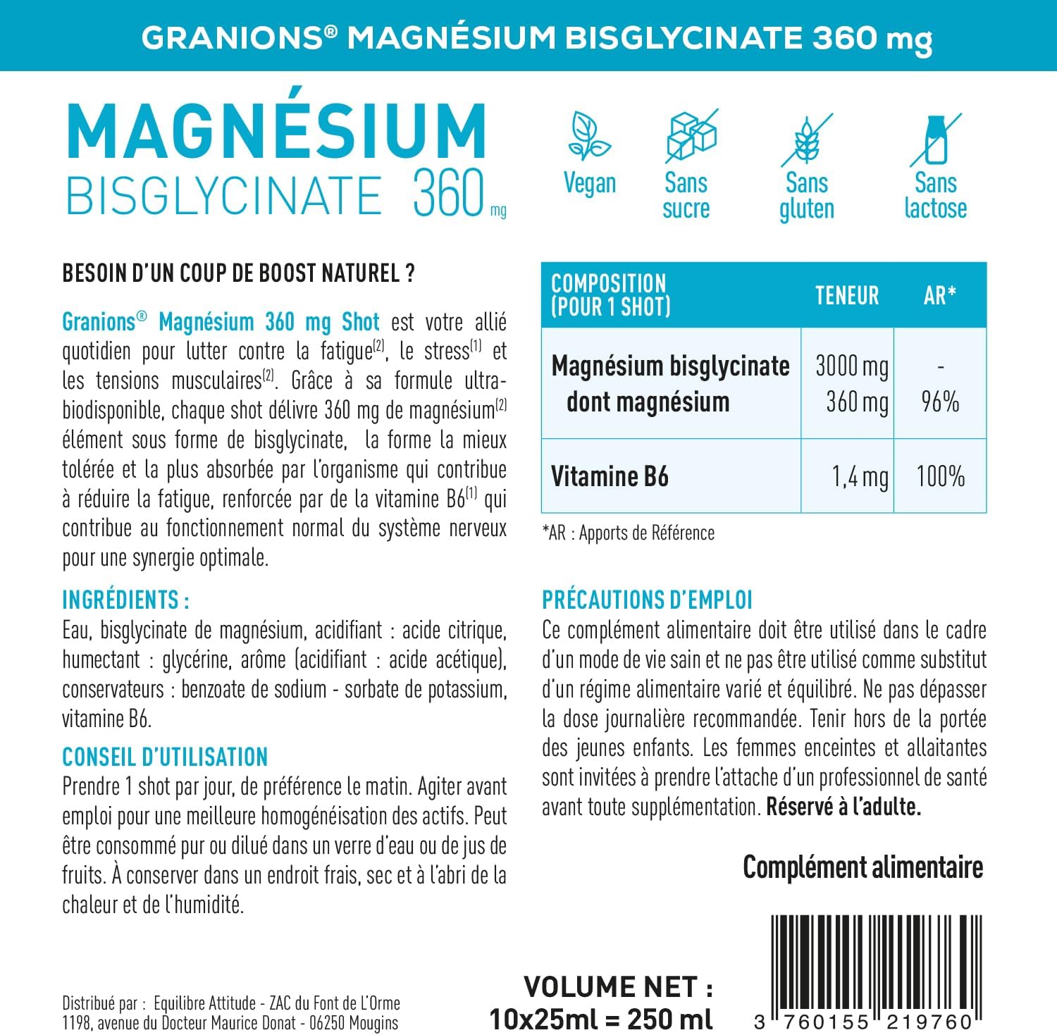 Detalle de Granions Magnesium Bisglycinate 360 mg + Vitamine B6 en shots (10 doses) – adulte, anti-stress et anti-fatigue