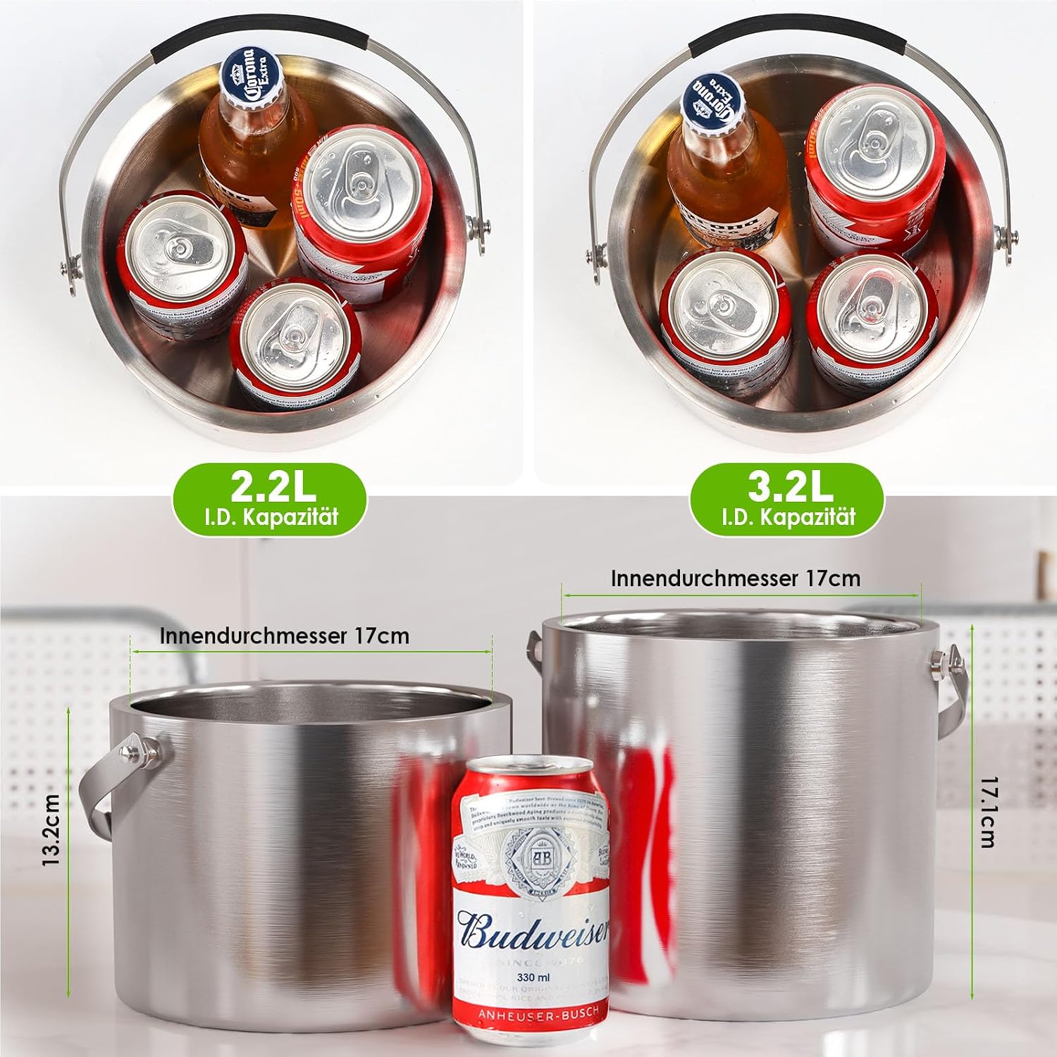 Thumbnail 4 de 3,2 L Eiswürfelbehälter mit Deckel und Zange – doppelwandig, vakuumisoliert, Edelstahl, inklusive Sieb