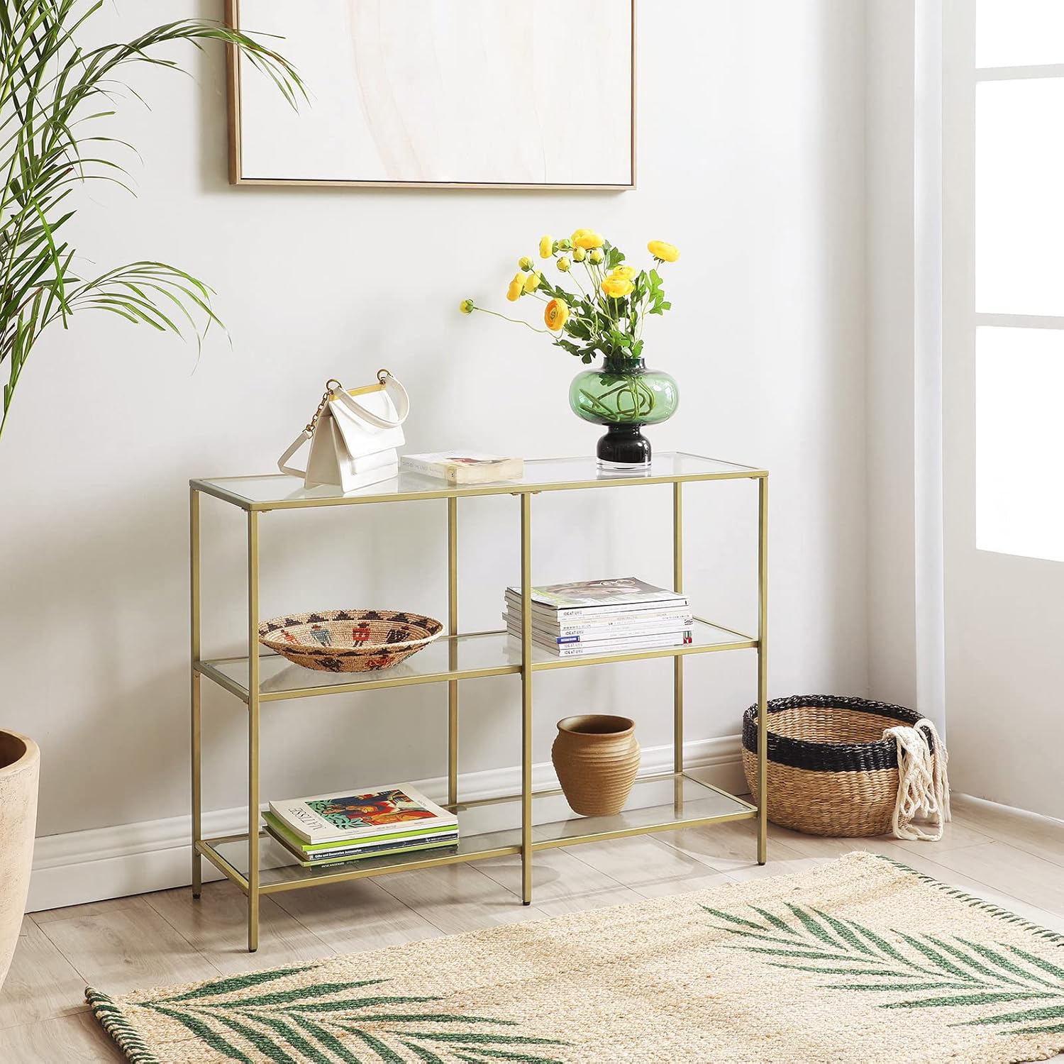 Detalle 2 de VASAGLE LGT27G Console Table, 3-Tier Tempered Glass, Gold Metal Frame