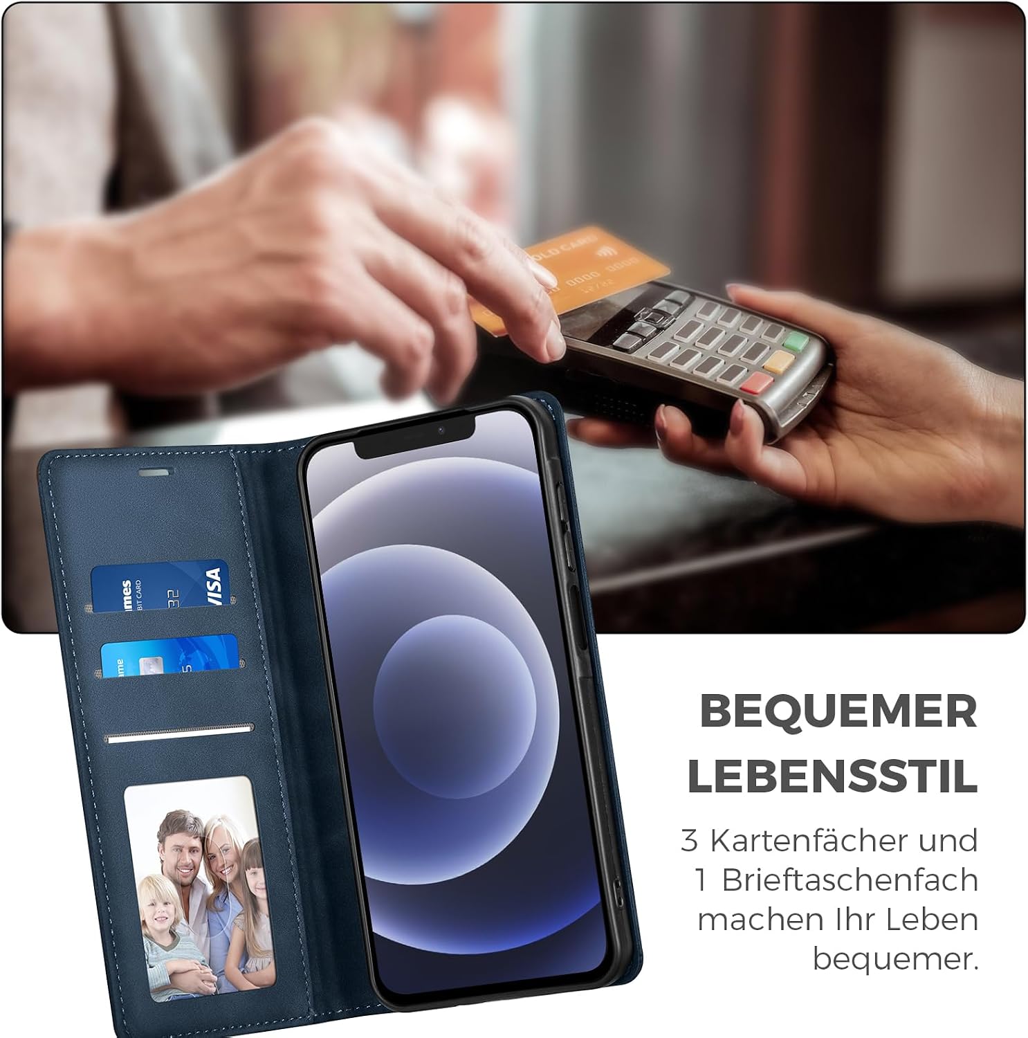 Detalle 2 de AIMOYU Flip Case für iPhone 12/12 Pro – Blau, Premium PU-Leder, Kartenfach, Standfunktion