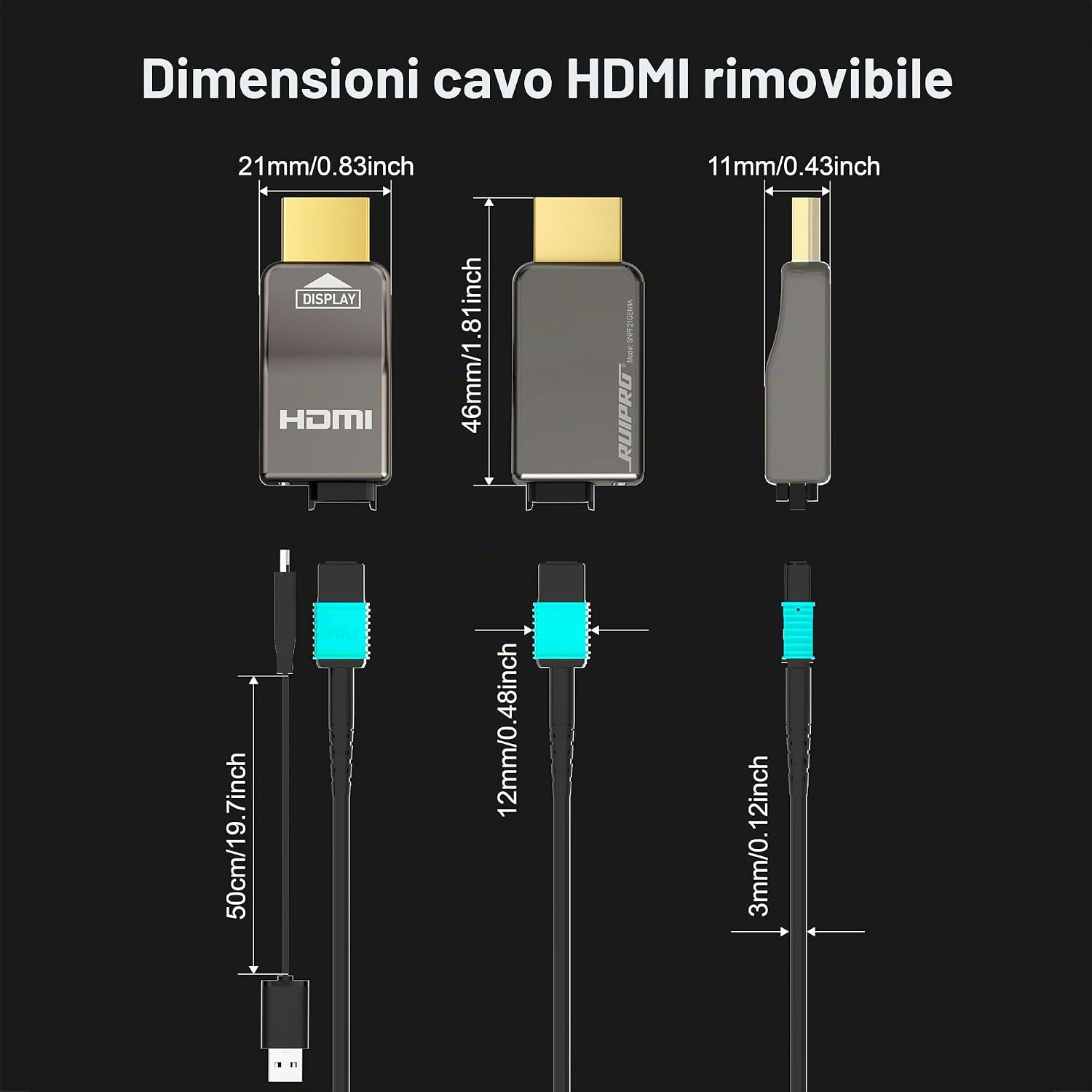 Detalle de RUIPRO 8K: Cavo HDMI 2.1 in fibra ottica pura 20 m con connettori staccabili