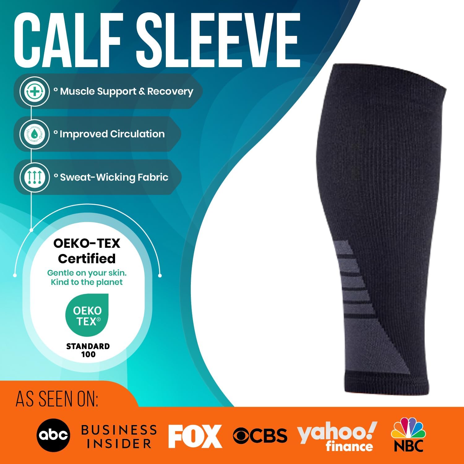 Detalle de PhysFlex Calf Compression Sleeves (Black, Medium) — Footless leg sleeves for swelling, shin splints, nursing & pregnancy (1 pair)