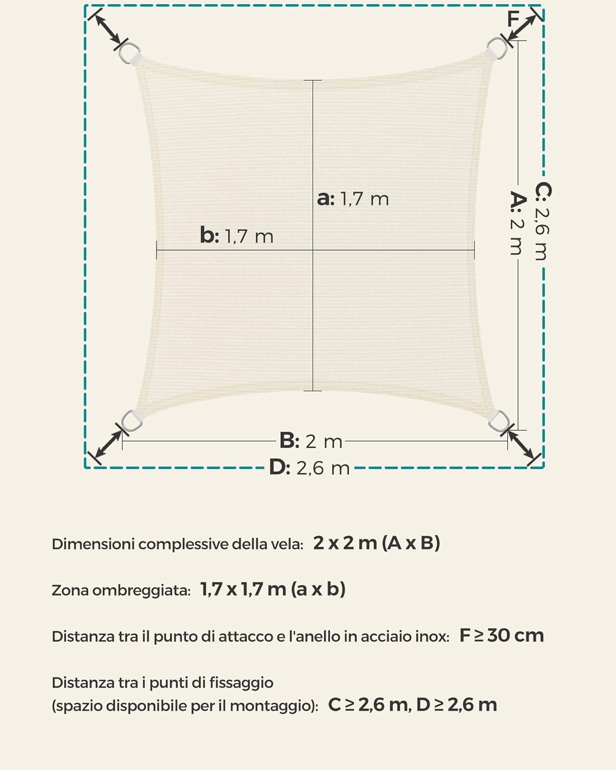Thumbnail 5 de SONGMICS Vela Ombra Quadrata 2 x 2 m Beige GSS22IV – tessuto HDPE 180 g/m²