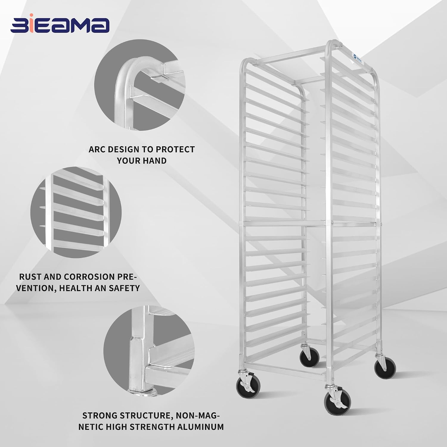 Detalle de BIEAMA 20-Tier Aluminum Sheet Pan Rack – NSF Full-Size, 4-Wheel Bakery Cooling Rack