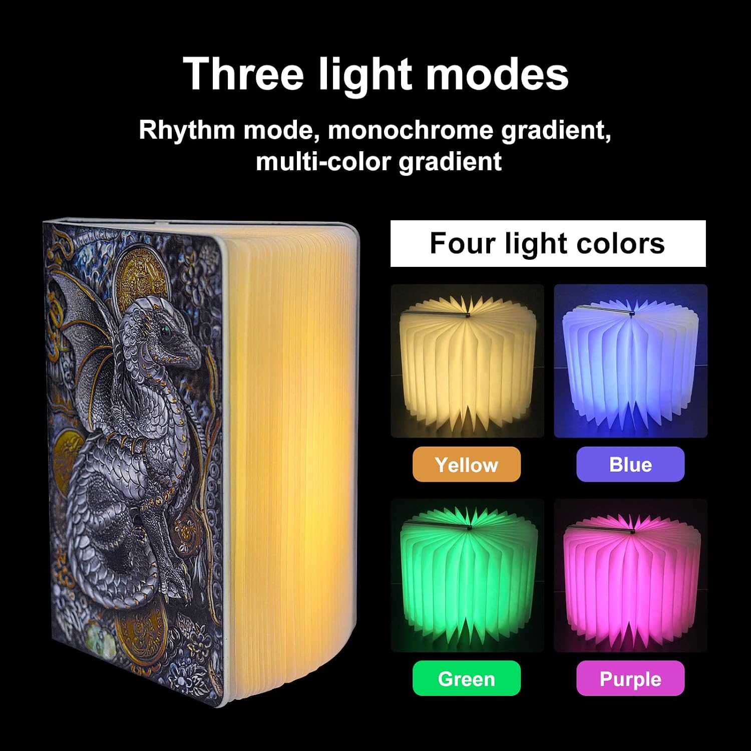 Detalle de QXMGCBOK 3D Drachen-Relief Bluetooth-Buchlautsprecher mit Nachtlicht – tragbar & drehbar