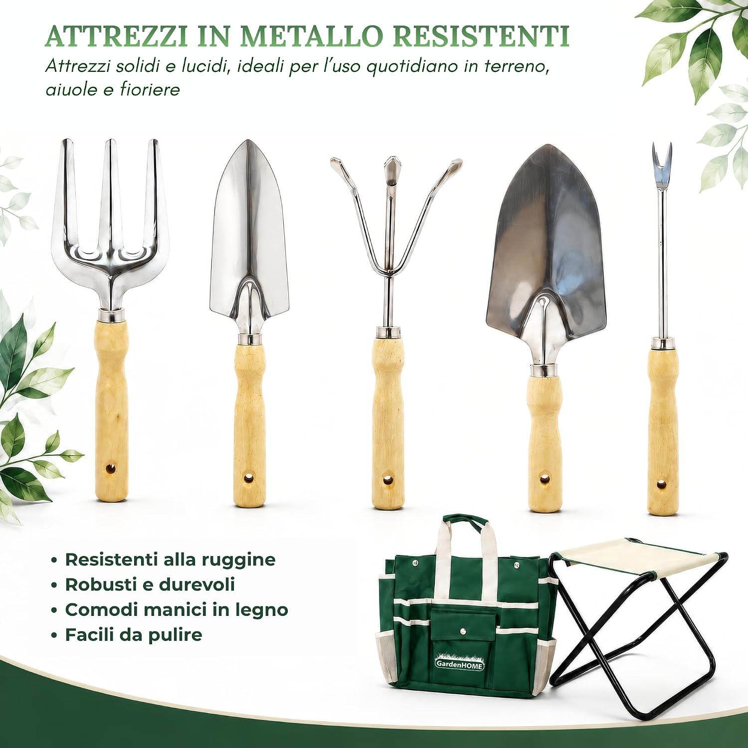 Detalle de GardenHOME Set di attrezzi da giardino 7 pezzi con sgabello pieghevole e borsa