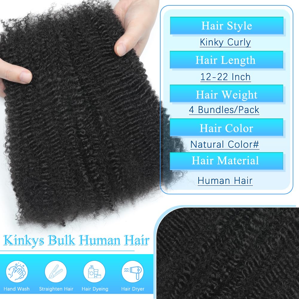 Thumbnail 1 de Renyarch Afro Kinkys Bulk Human Hair (16 inch, 4 bundles) for Spring Twists, Loc Repairs, and Braids