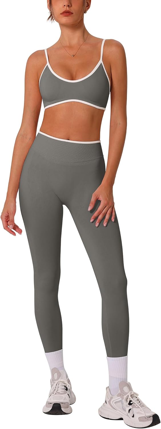 Thumbnail 6 de ABOCIW Women’s Seamless 2-Piece Workout Set (Color Block Sports Bra & High-Waist Scrunch Butt Leggings)