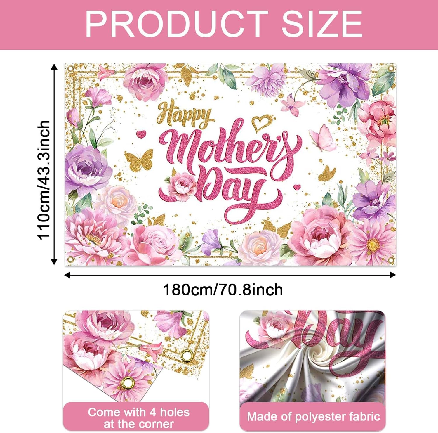 Thumbnail 2 de Avezano Happy Mother's Day Backdrop Banner – Pink Floral with Golden Accents (70.8 x 43.3 Inch)