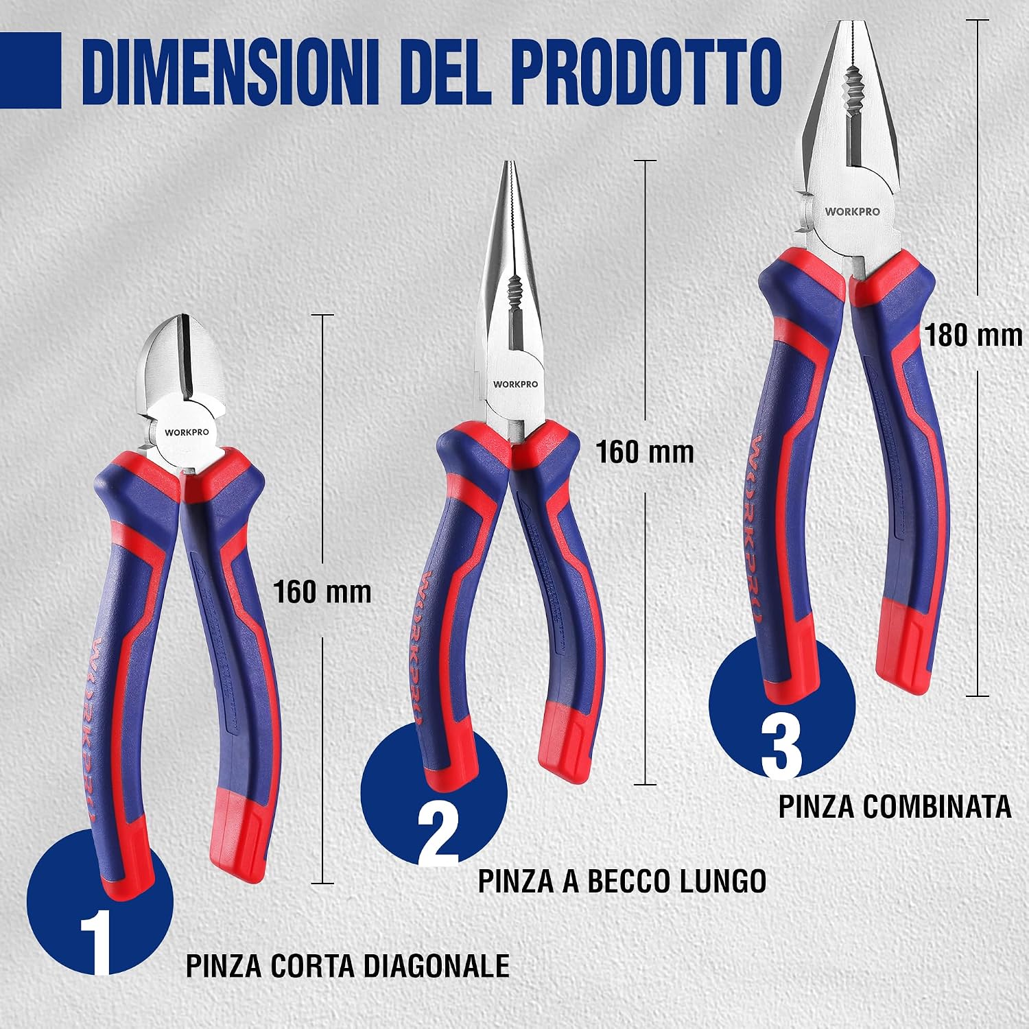 Thumbnail 1 de WORKPRO Set di Pinze a 3 pezzi 160–180 mm: becchi lunghi, taglio laterale e combinata