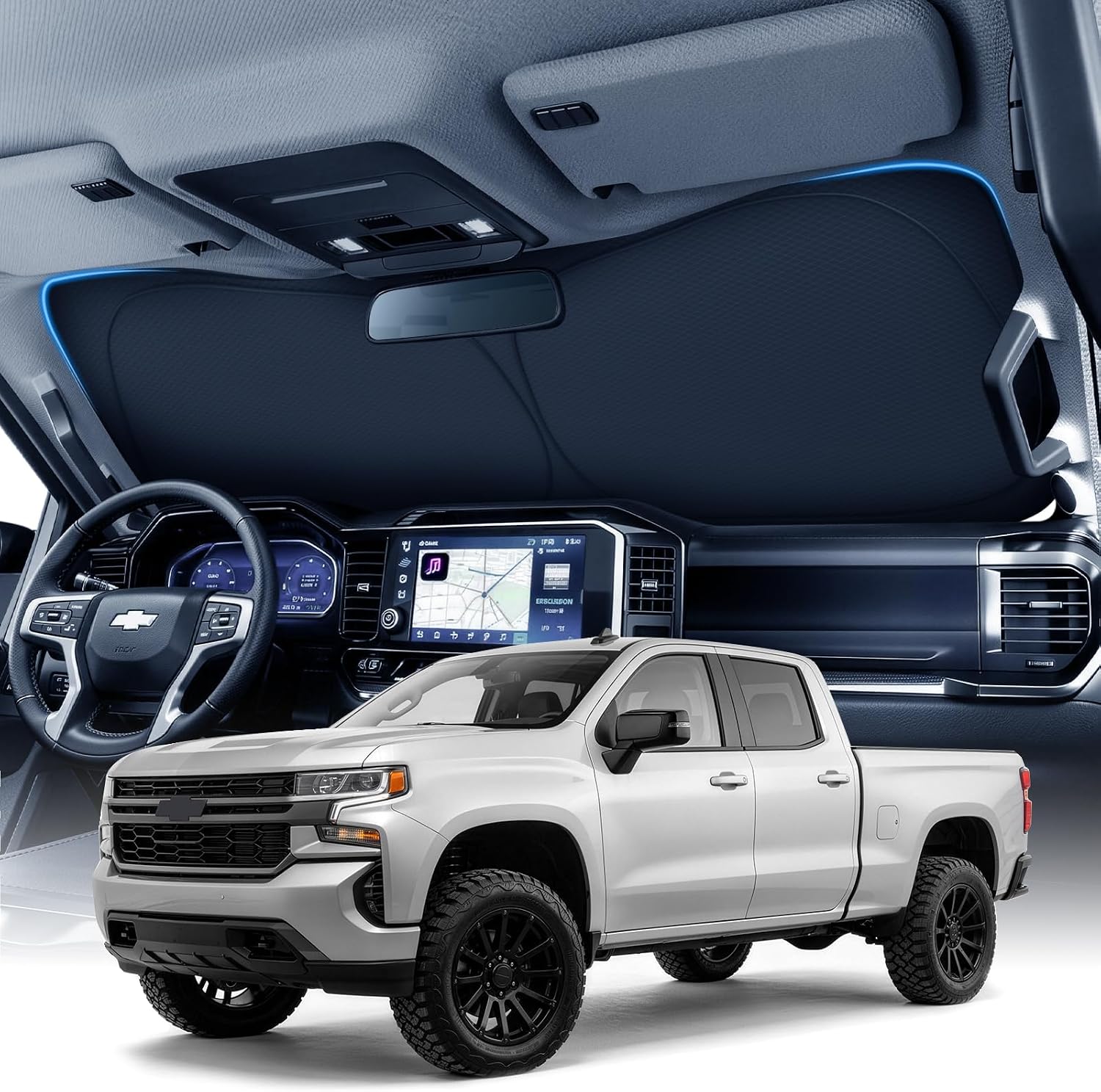 Detalle de Zanch Large Windshield Sun Shade for Chevrolet Silverado 1500 (2019-2026) – 7-Layer UV & Heat Block, 3D Laser Custom Fit