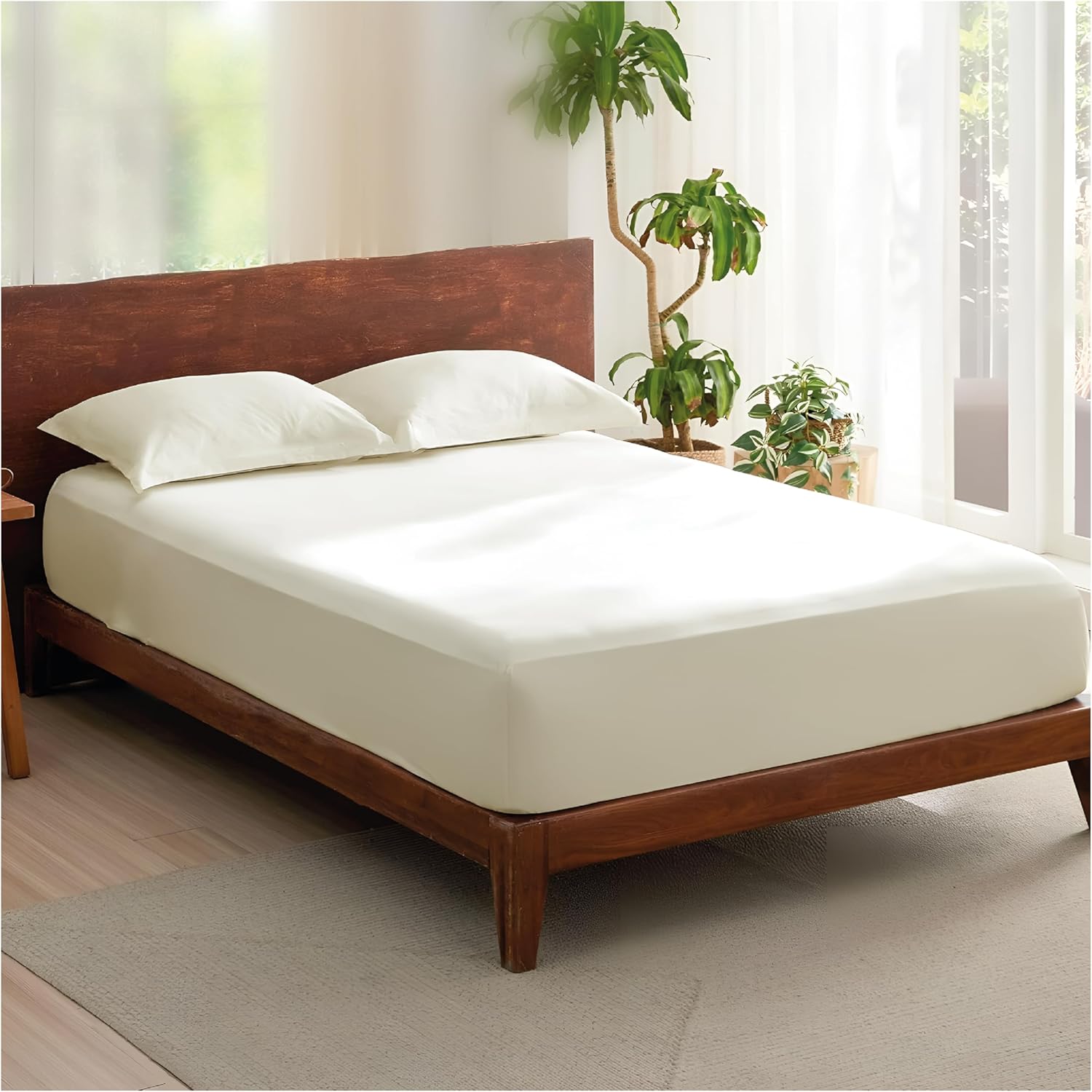 Detalle de Rehan & Co 100% Egyptian Cotton King Fitted Sheet (Cream) – 300 Thread Count, 12in / 30cm Deep