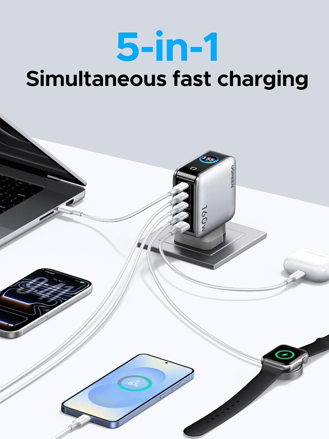 Detalle de UGREEN 160W Nexode Pro 5-Port GaN Fast Charger with Smart Display