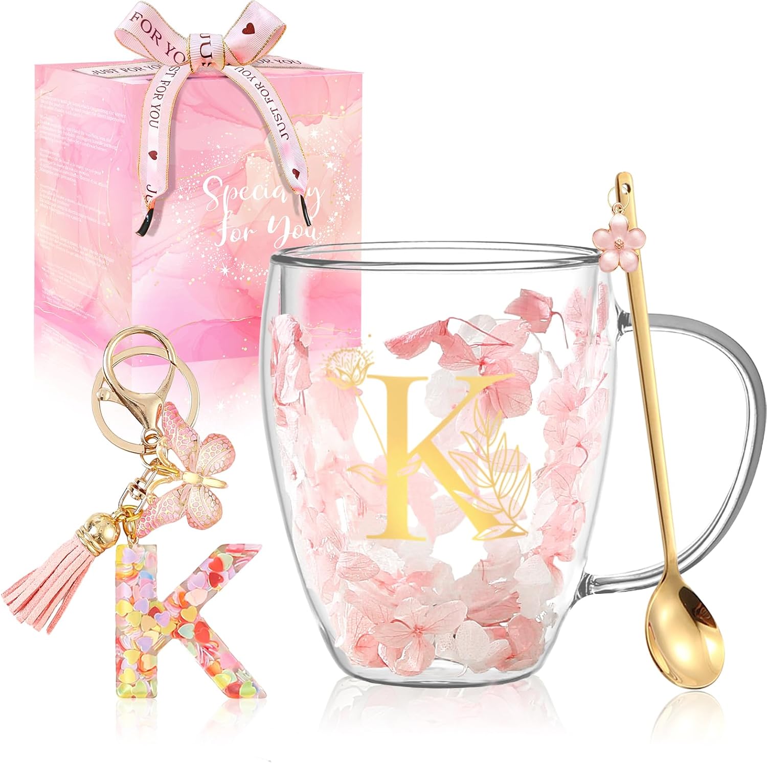 Detalle de Gifts for Women Glass Coffee Mugs with Gold Monogram and Dried Flowers – Personalised 280ml Double-Walled