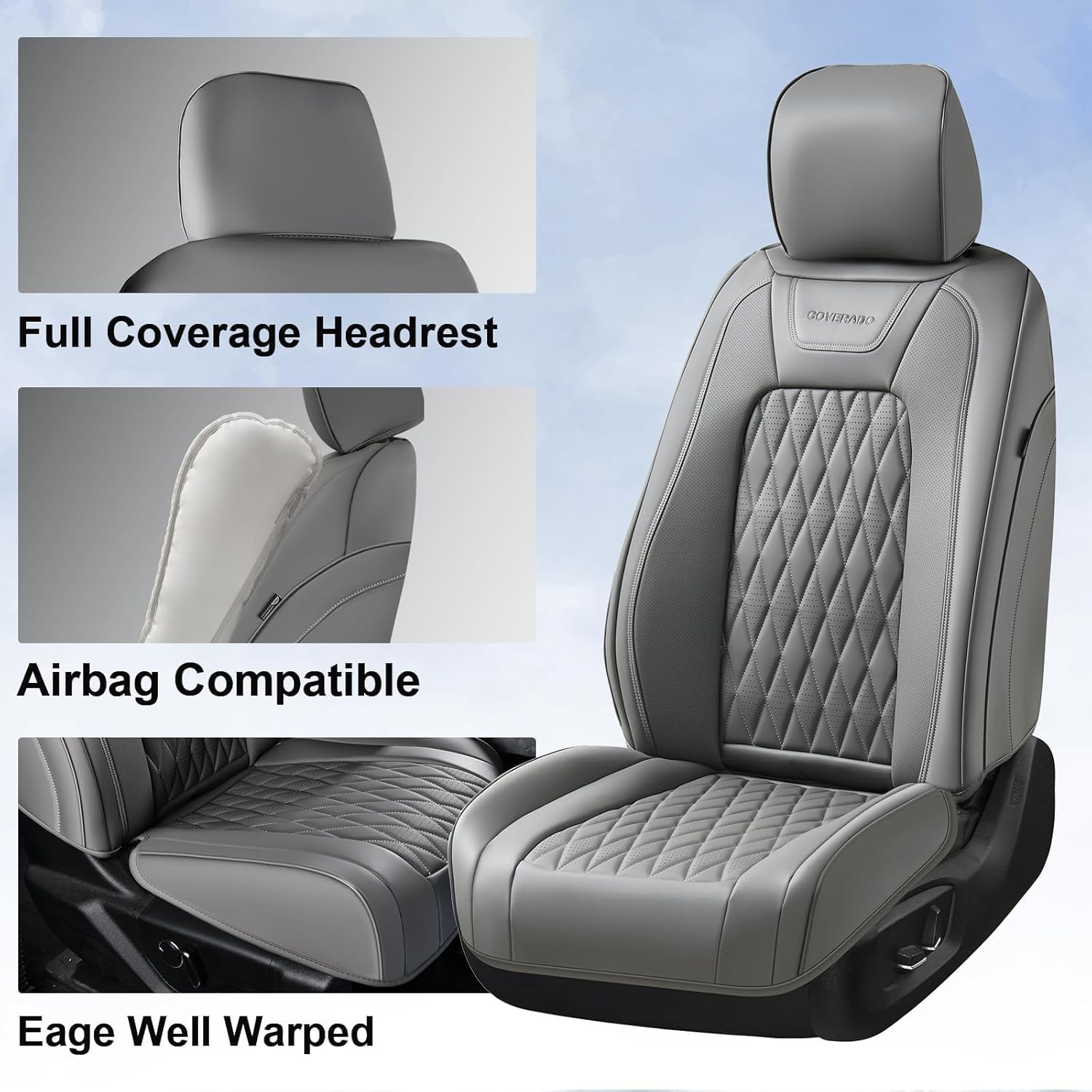Detalle de Coverado Leather Seat Covers Full Set for Ford F-Series Crew Cab (2015–2026 F150, 2017–2026 F250/F350/F450) – Gray