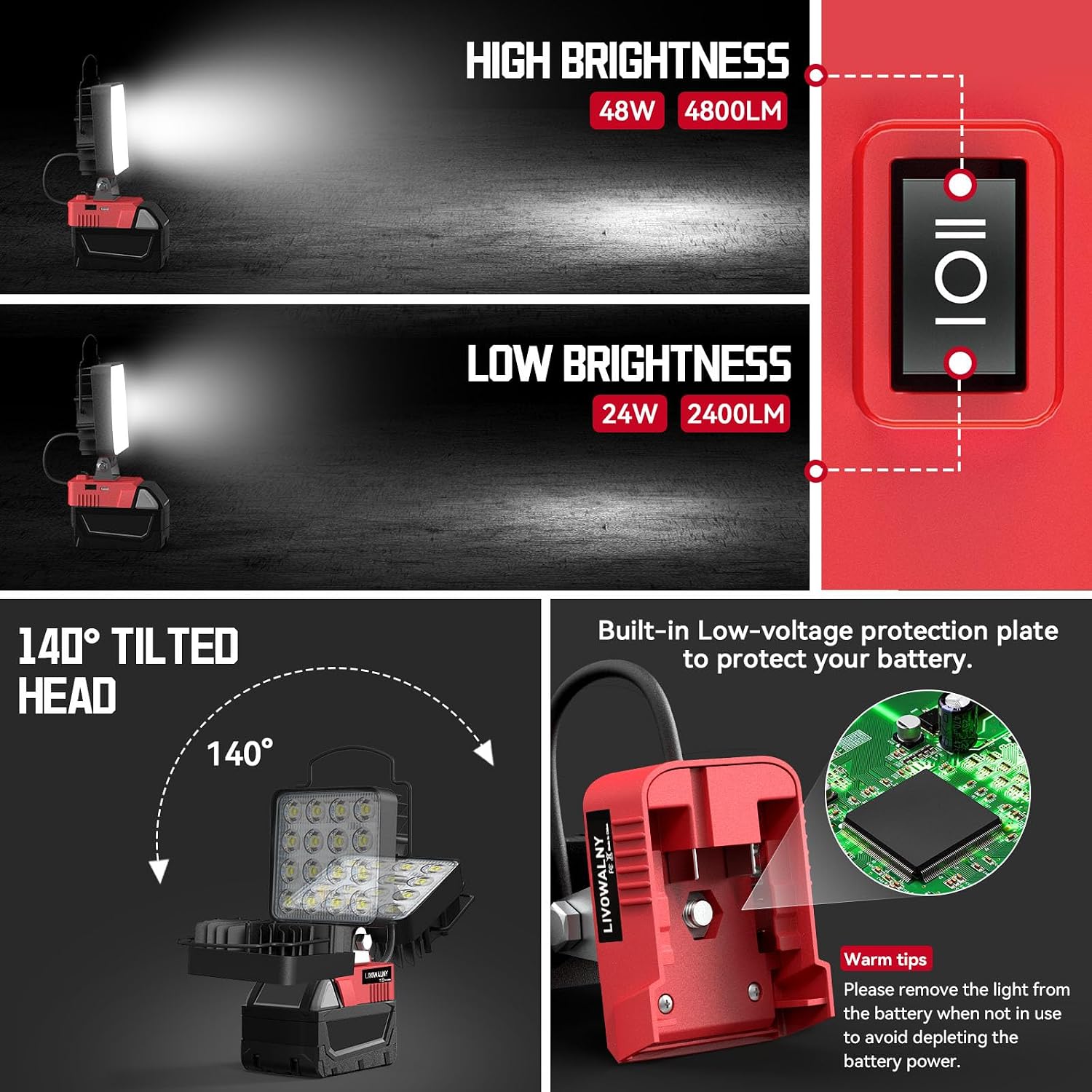 Detalle de Lampada LED Ricaricabile LIVOWALNY 48W 4800LM per batterie Milwaukee 18V con doppio interruttore (USB-C/Type-C, senza batteria)