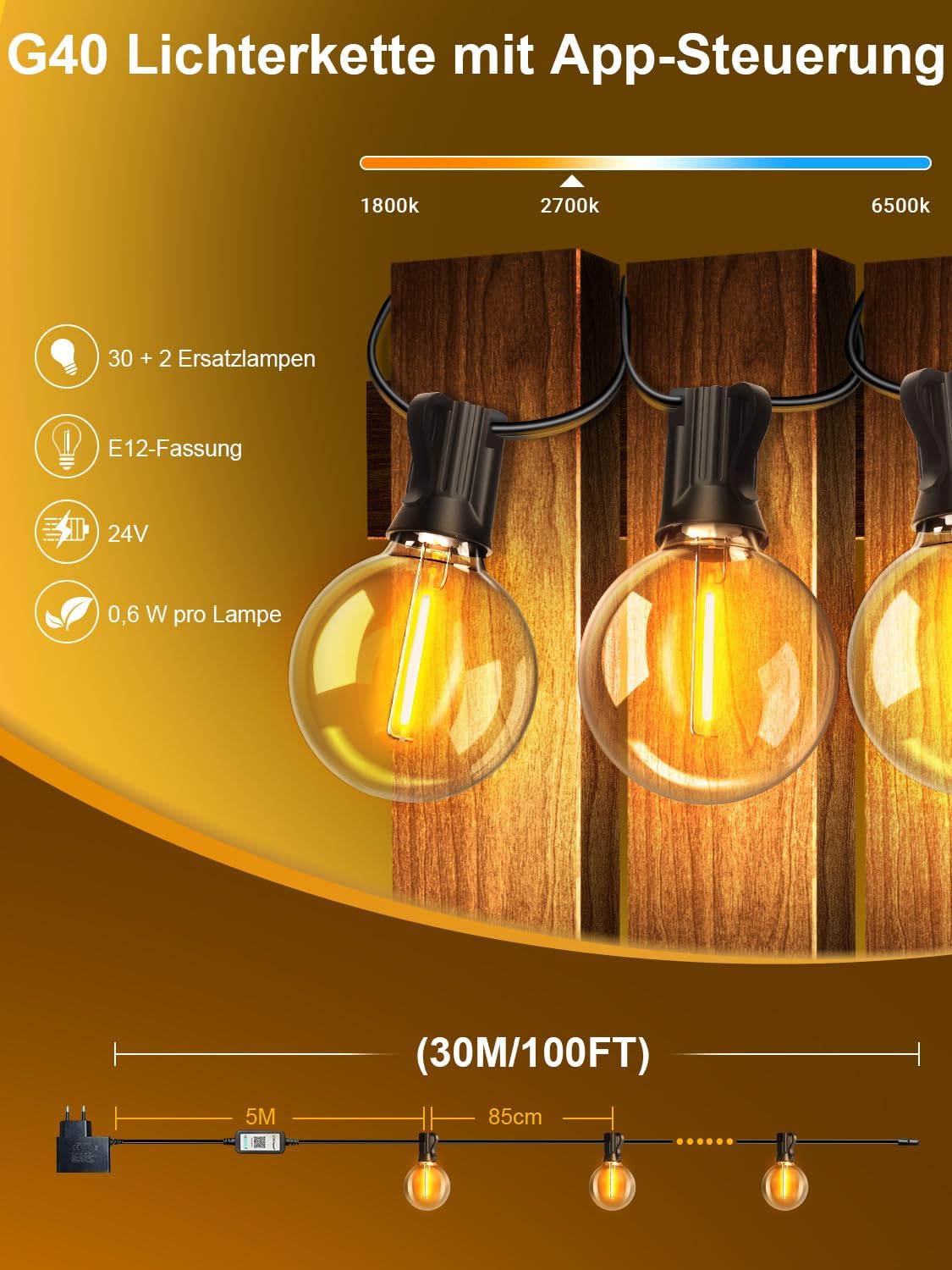 Thumbnail 5 de Lichterkette Außen mit App-Steuerung, 30 m – G40 LED, Musik-Sync, IP44, 24 V