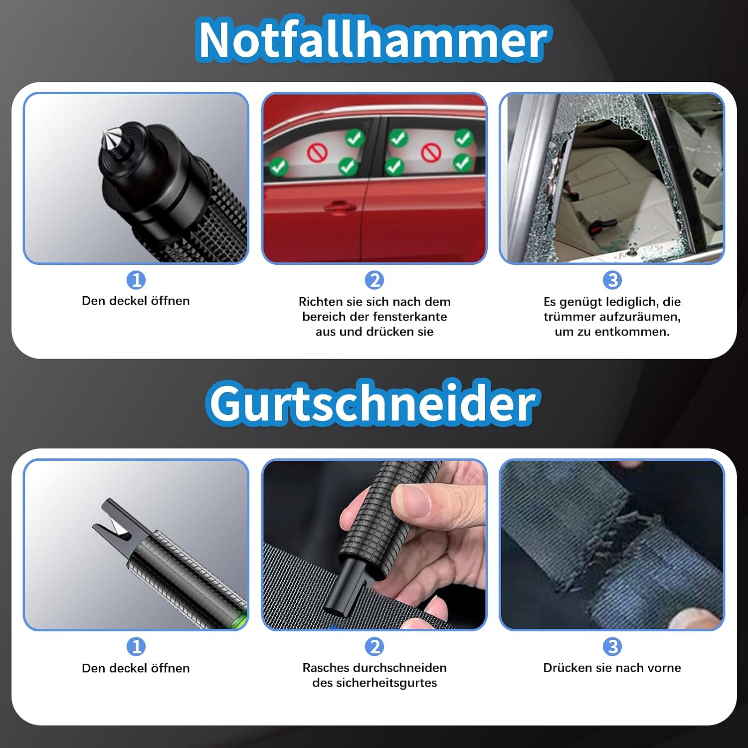 Detalle de Queltrix 2-in-1 Notfallhammer mit Gurtschneider (2 Stück, nachleuchtend) und Glasbrecher