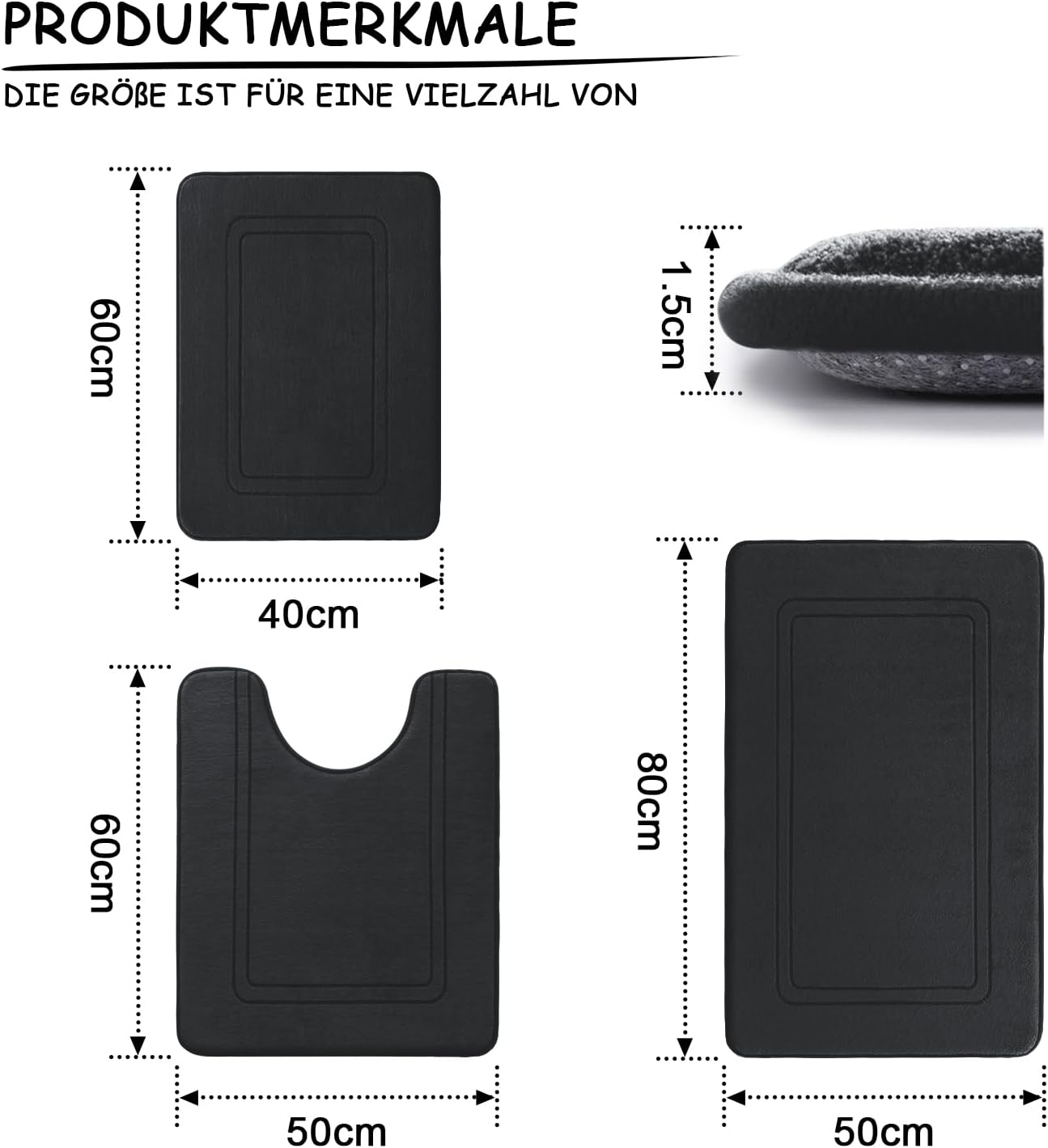 Thumbnail 1 de chakme Badezimmerteppich-Set 3-teilig (Memory-Schaum) mit U-förmigem Vorleger, schwarz – rutschfest & waschbar