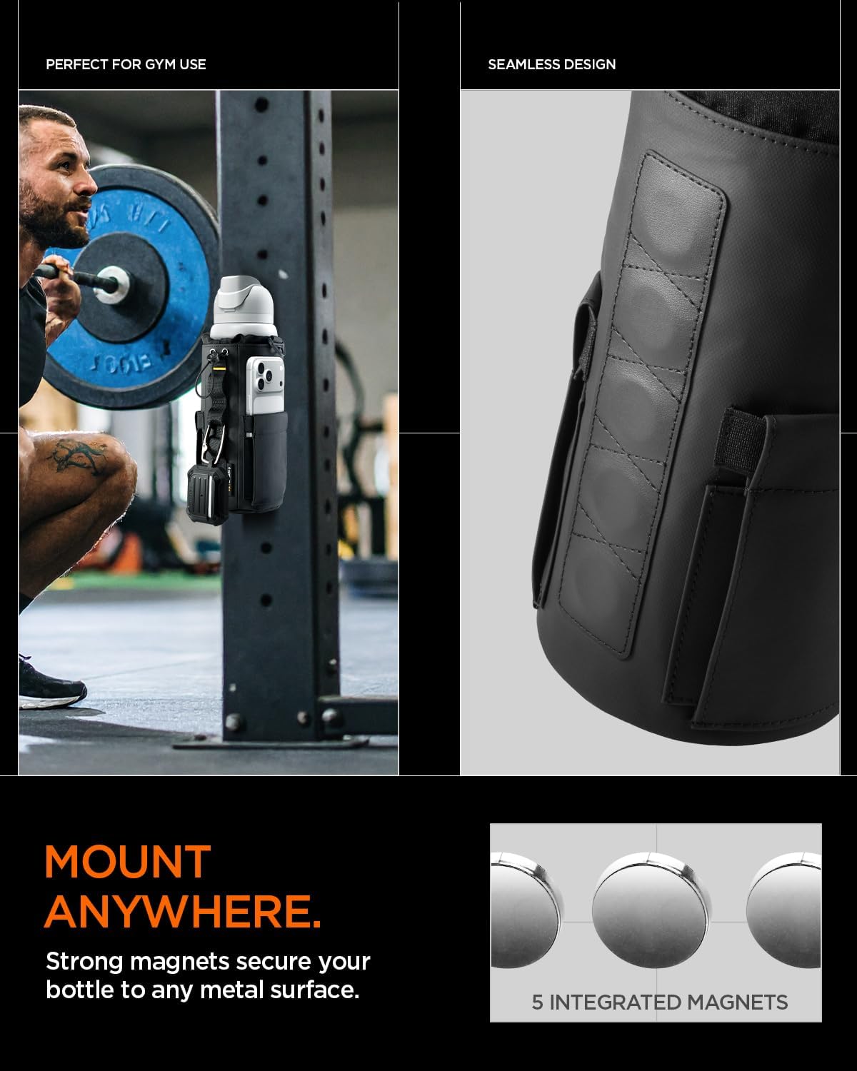 Detalle de Sac-Bouteille Sport magnétique Spigen Life LF500 (20-40 oz) avec compartiment téléphone et bandoulière – Noir