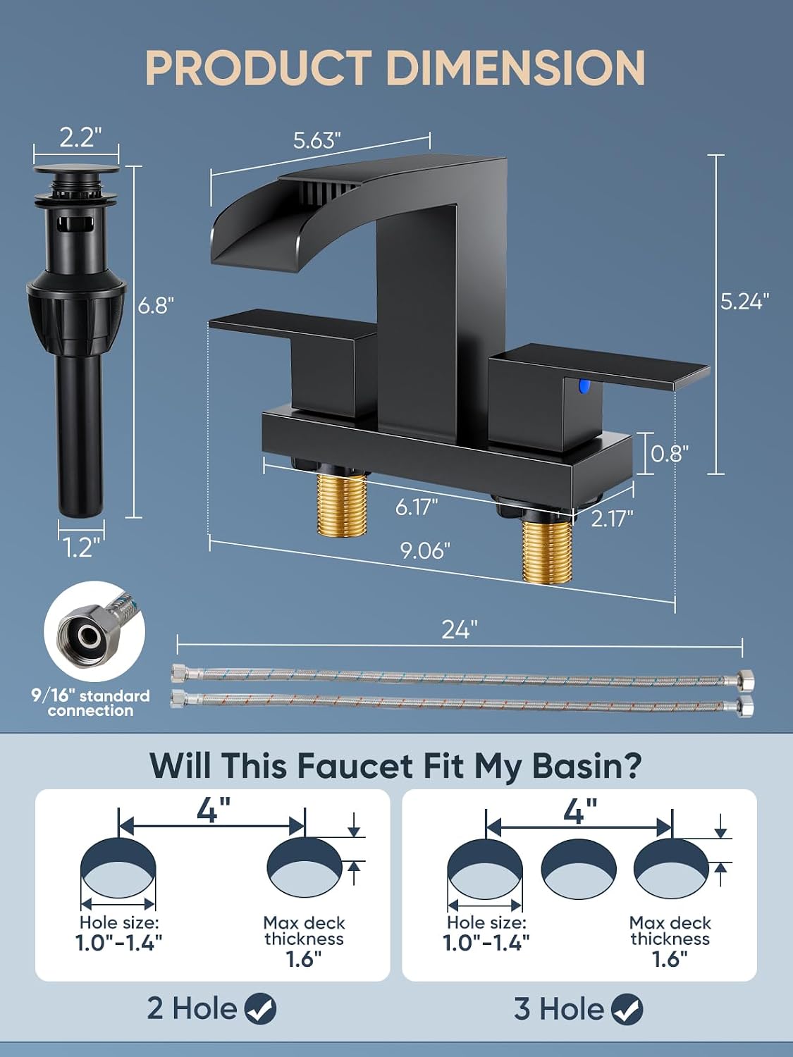 Thumbnail 6 de Cobbe CB-11003B Waterfall Bathroom Faucet, Matte Black, 4-Inch Centerset