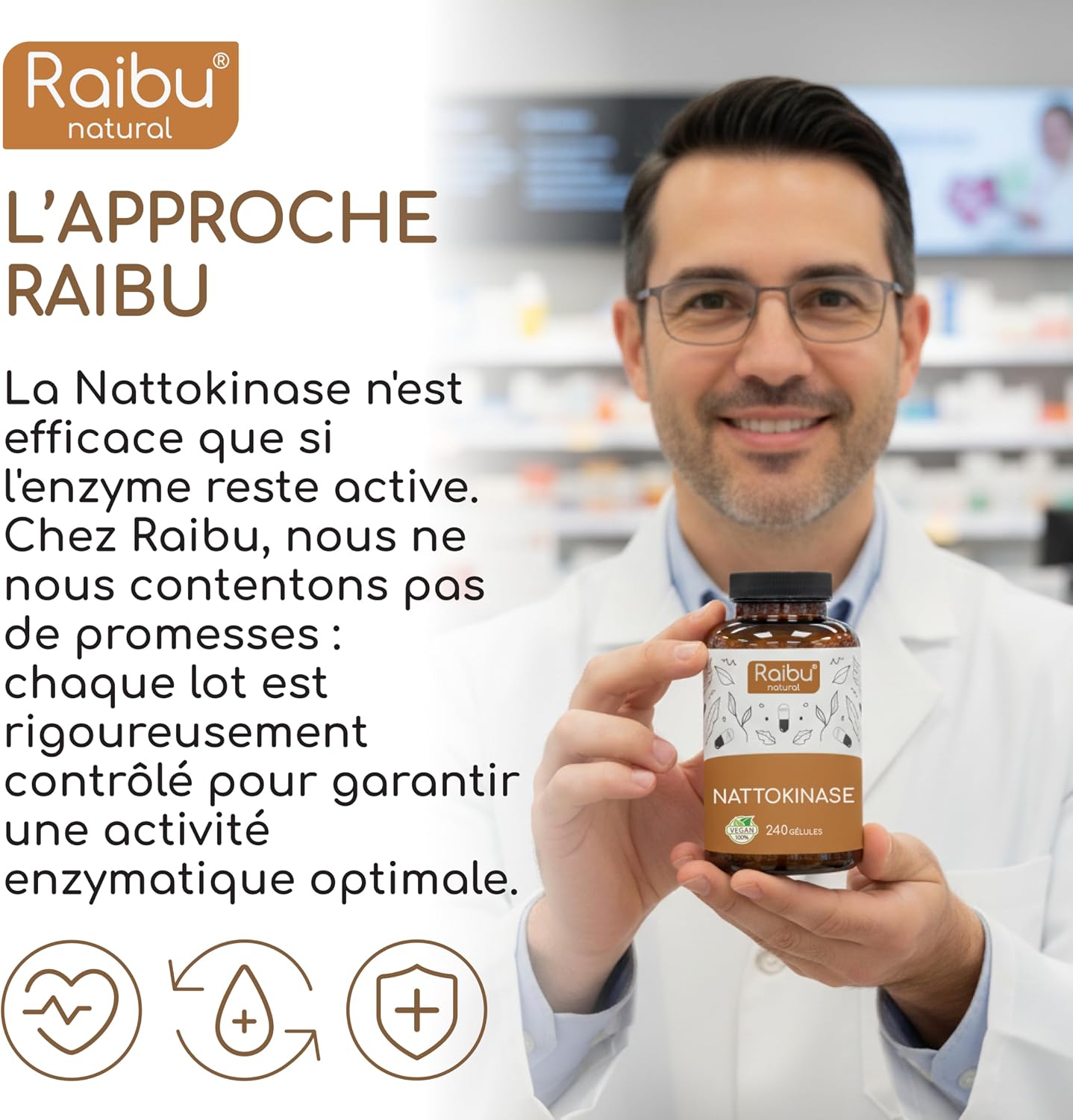 Detalle 2 de Nattokinase 100 mg (20.000 UI/g) Hautement Dosé – 240 Gélules par Raibu I, 8 mois d’approvisionnement, Natto à base de soja, végan et sans additifs