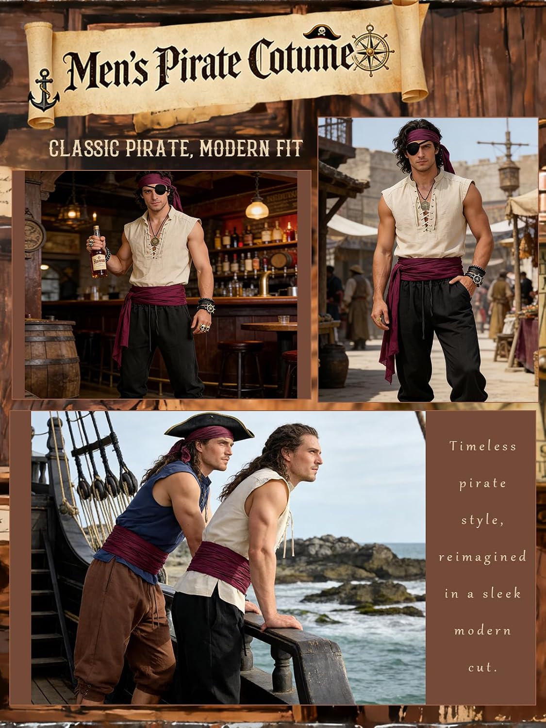 Thumbnail 2 de Verceco Vcpc-8p-001 Men's 8-Piece Pirate Costume with Lace-Up Shirt & Pants