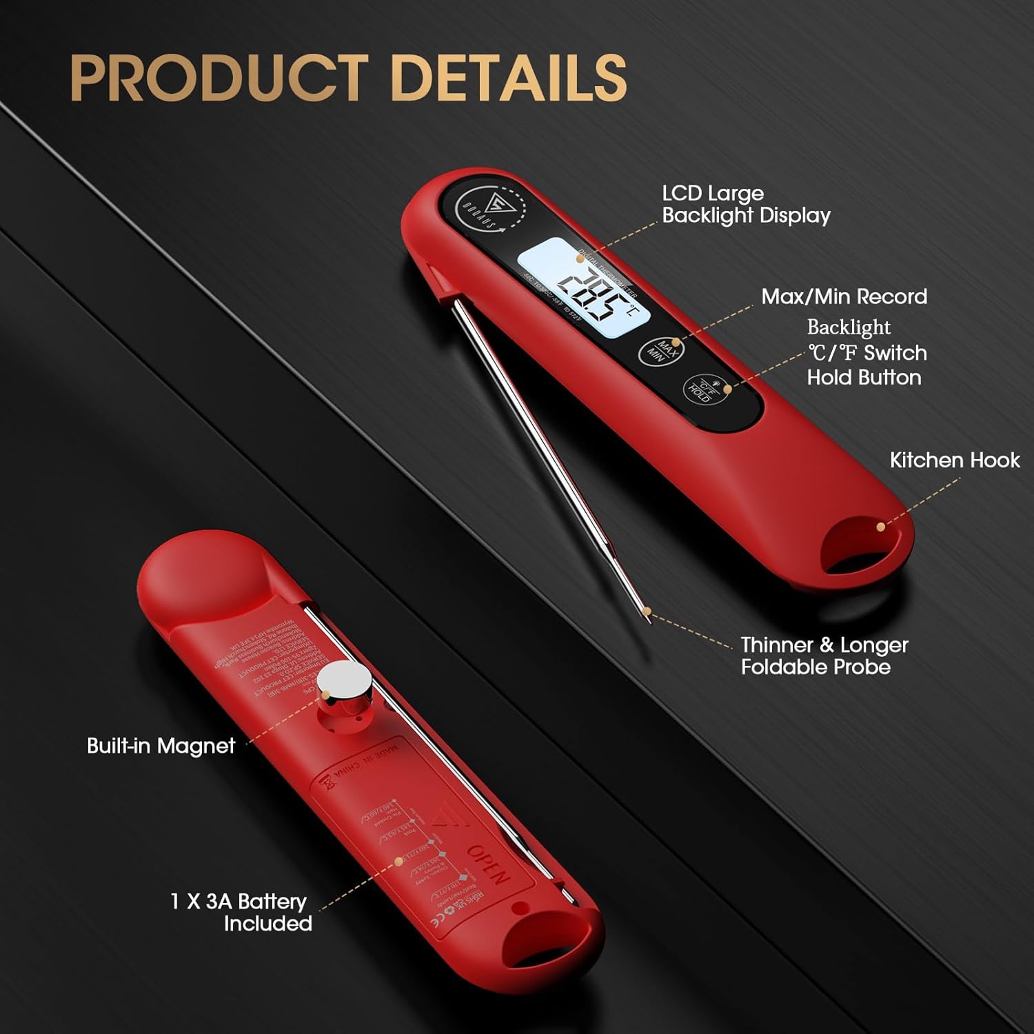 Thumbnail 5 de DOQAUS Meat Thermometer Probe, 3S Instant Read with Backlight – Foldable 12cm Probe, Auto On/Off