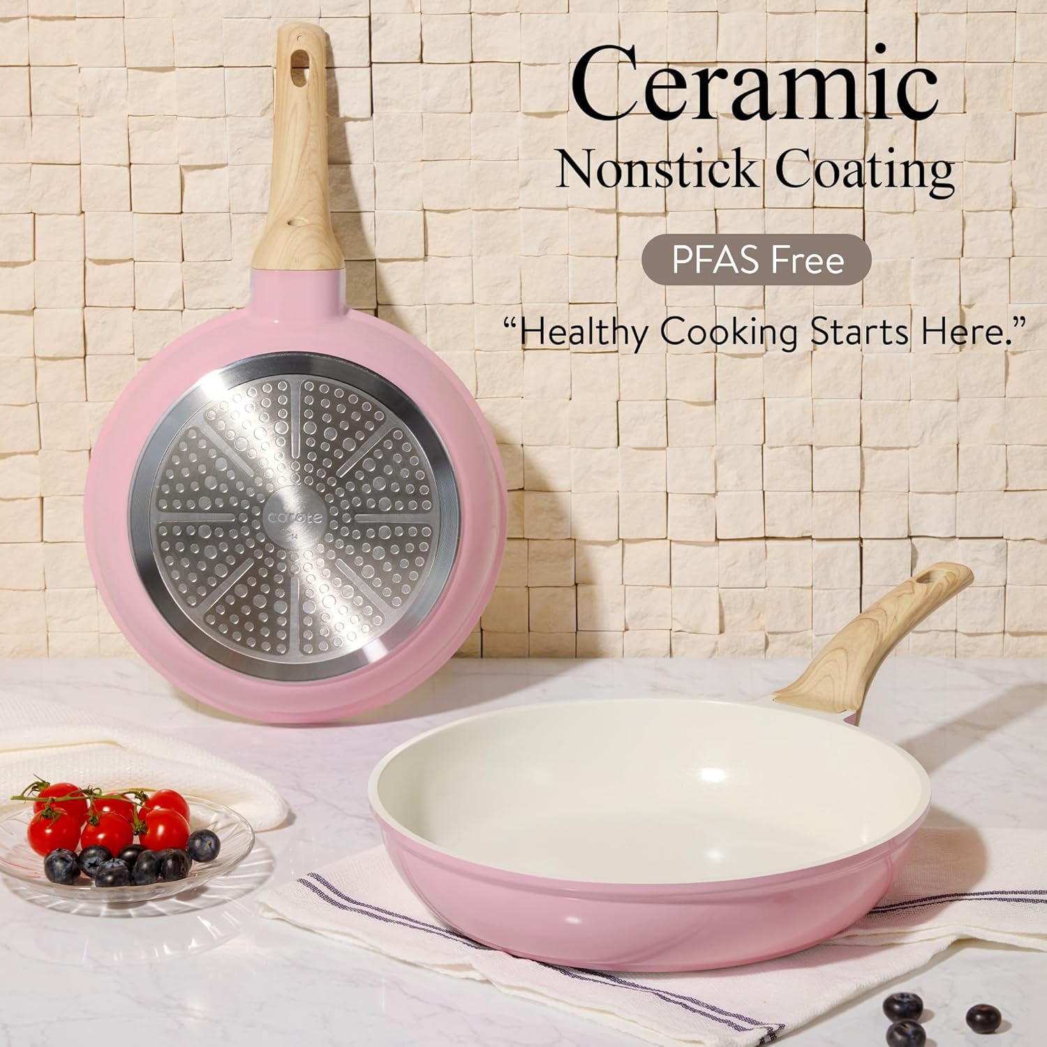 Detalle de CAROTE Ceramic Cookware Set, 14 PCS Pink Nonstick Pots and Pans — Induction Ready & PFOS/PFOA Free