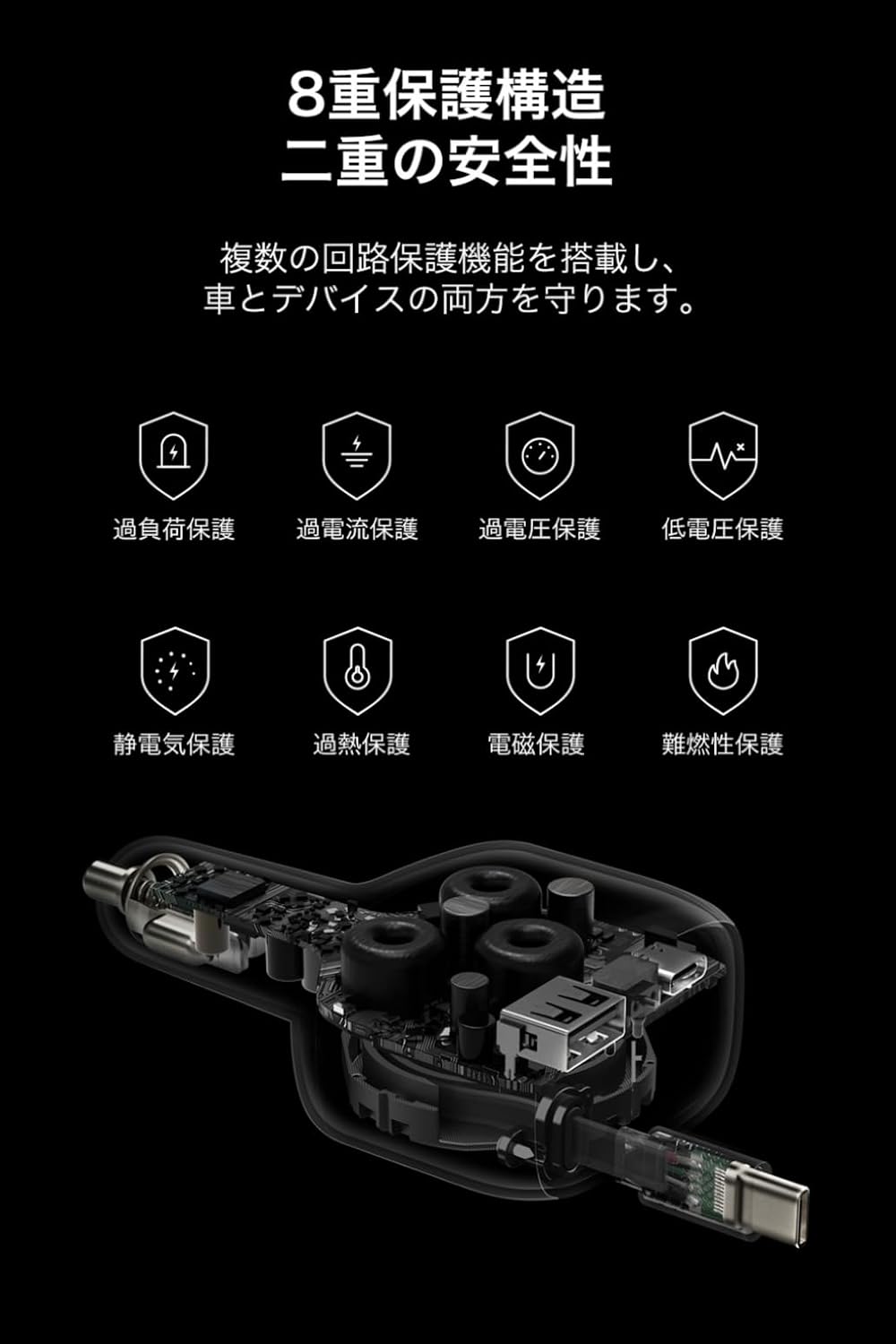Detalle 1 de Belkin CCC001 シガーソケット充電器 75W、PD/PPS対応・巻き取り式USB-Cケーブル内蔵