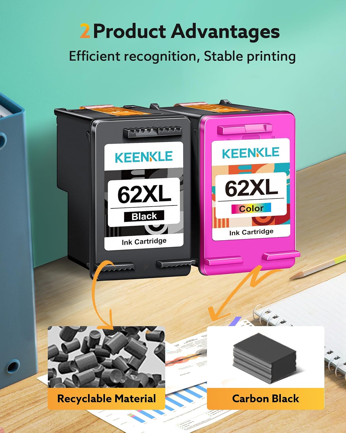 Detalle 2 de KEENKLE 62XL – Kompatible HP 62 Druckerpatronen (Schwarz & Farbe) im 2er-Pack