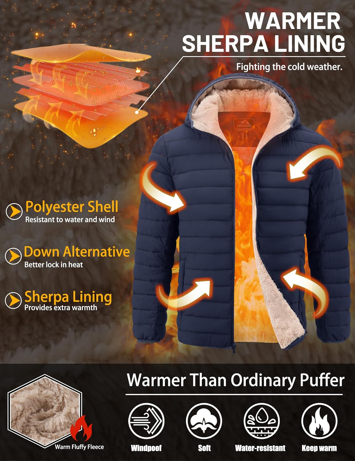 Detalle de TACVASEN Men's Sherpa-Lined Hooded Puffer Jacket, Windproof and Water-Resistant