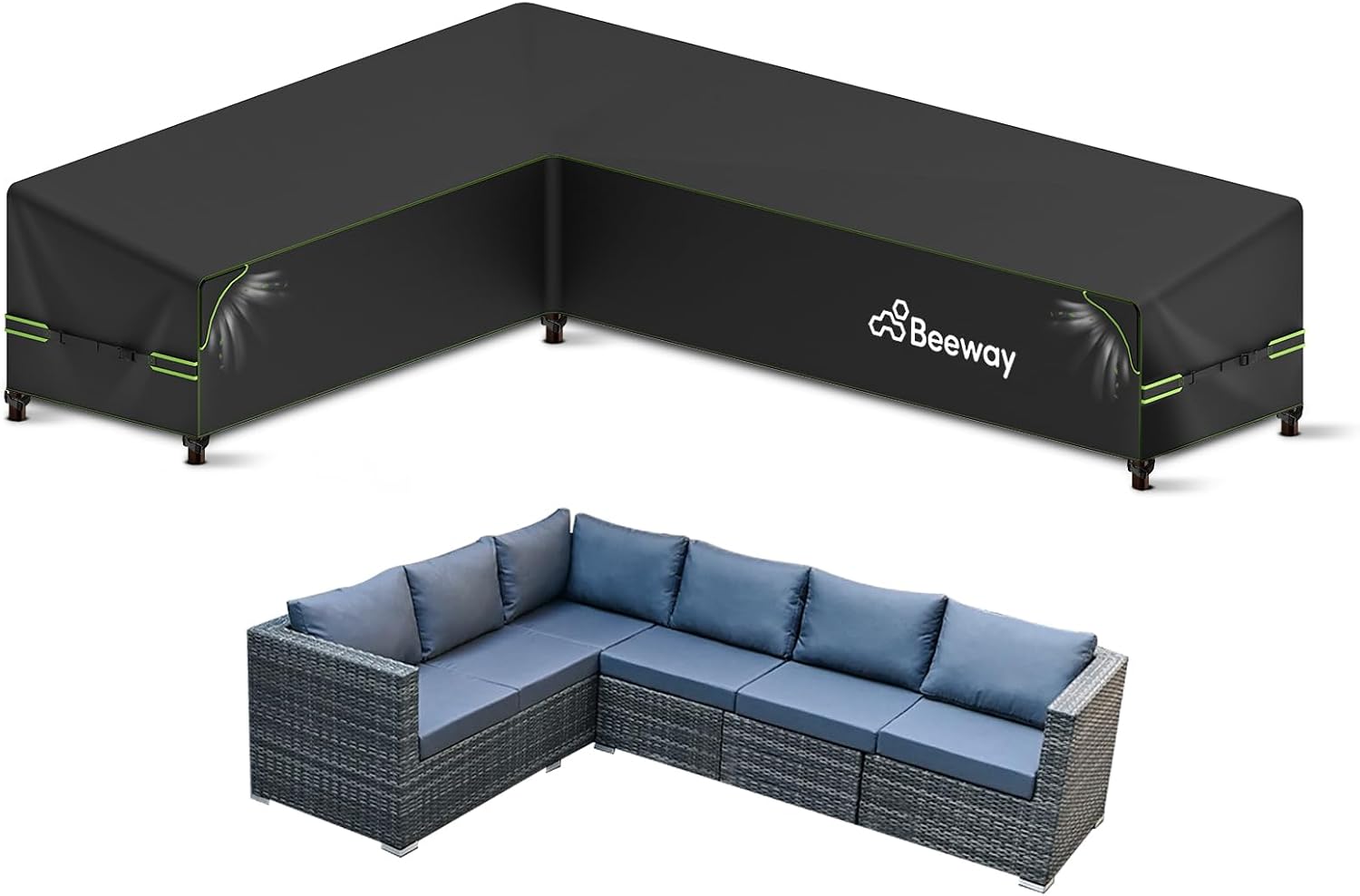 BEEWAY L-Shape Garden Furniture Cover with Air Vents and Windproof Design (420D Oxford) for Corner Sofas