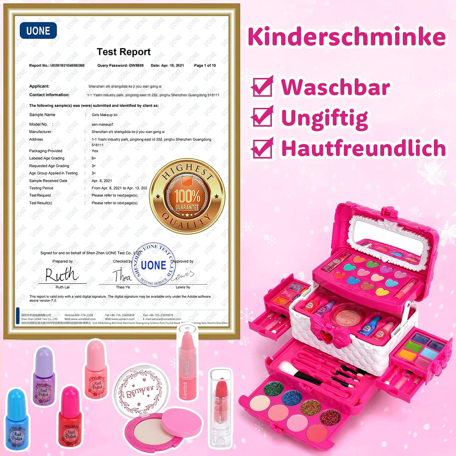 Detalle de Kinderschminke Makeup Set Schminkkoffer für Mädchen – waschbar, abwaschbar & mit 55 Zubehörteilen