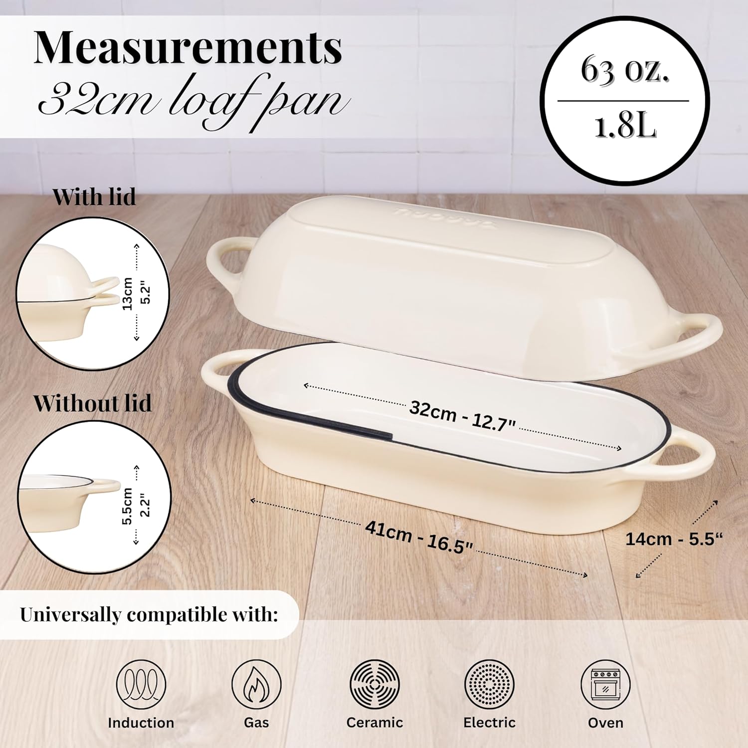 Detalle 2 de Nuovva Enamelled Cast Iron Bread Loaf Pot (Rectangular Dutch Oven) – 34cm x 16cm, Cream