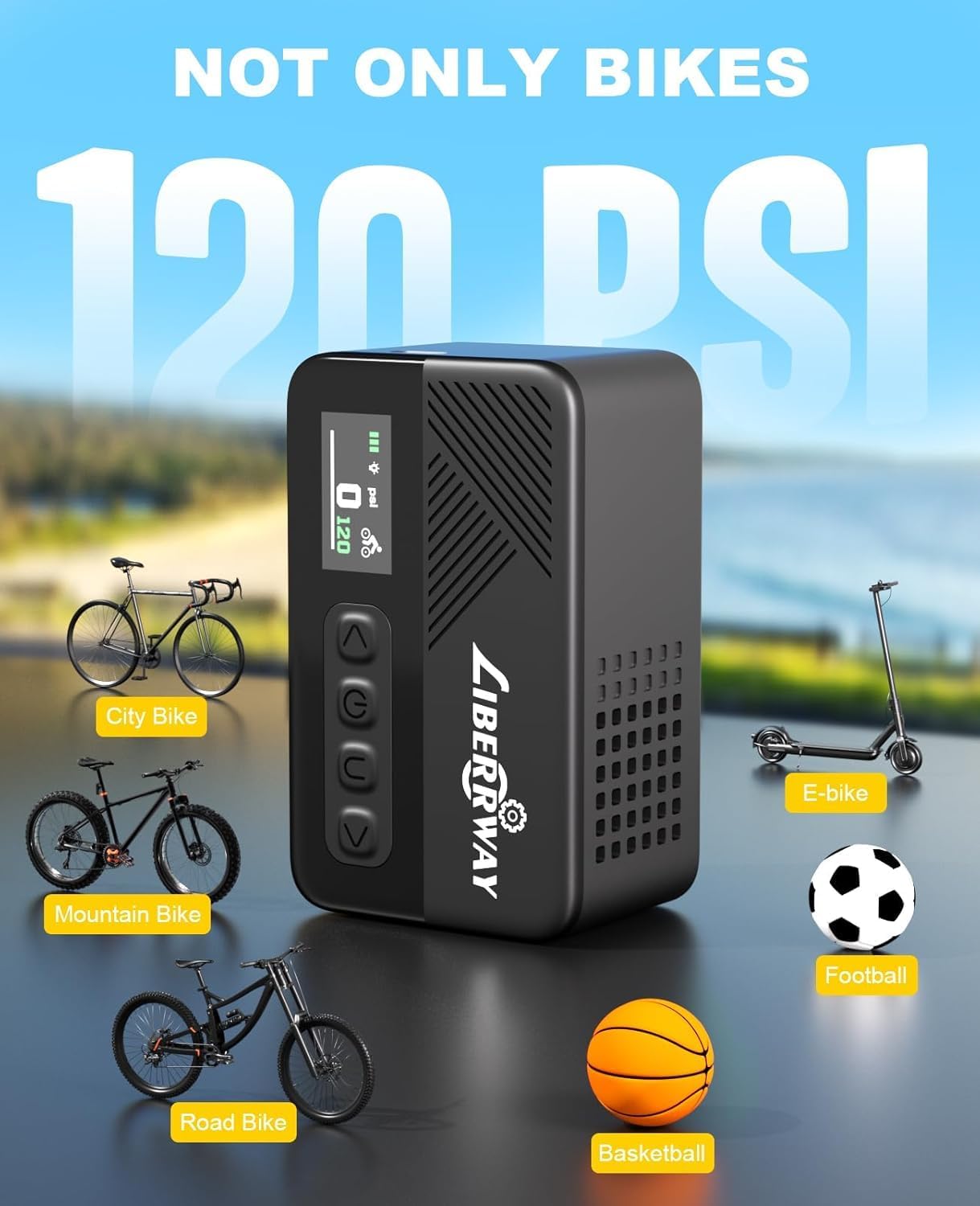 Thumbnail 6 de LIBERRWAY Mini Electric Bike Pump 120 PSI with Auto Stop, LED Light and USB-C Recharge